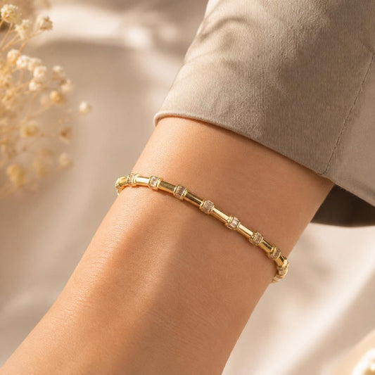 14K Gold Baguette Bamboo Bracelet, Dainty Gold Bar Bracelet, Minimalist Bracelet, Everyday Luxury Jewelry, Stackable Bracelet, Gift for Her