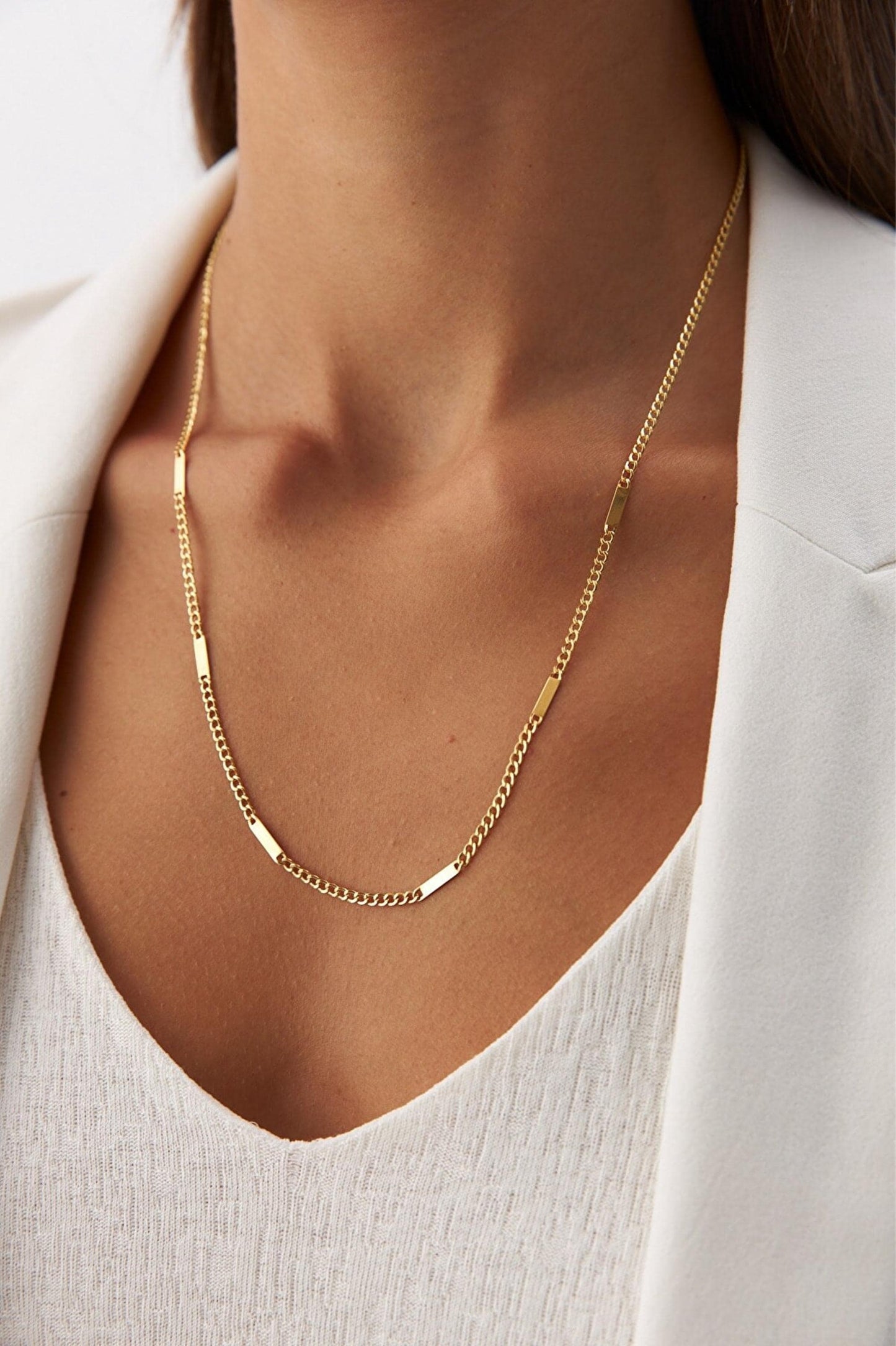 14K Solid Gold Cuban Link Bar Necklace, Engravable Gold Bar Necklace, Dainty Curb Necklace, Minimalist Personalized Jewelry Men & Women