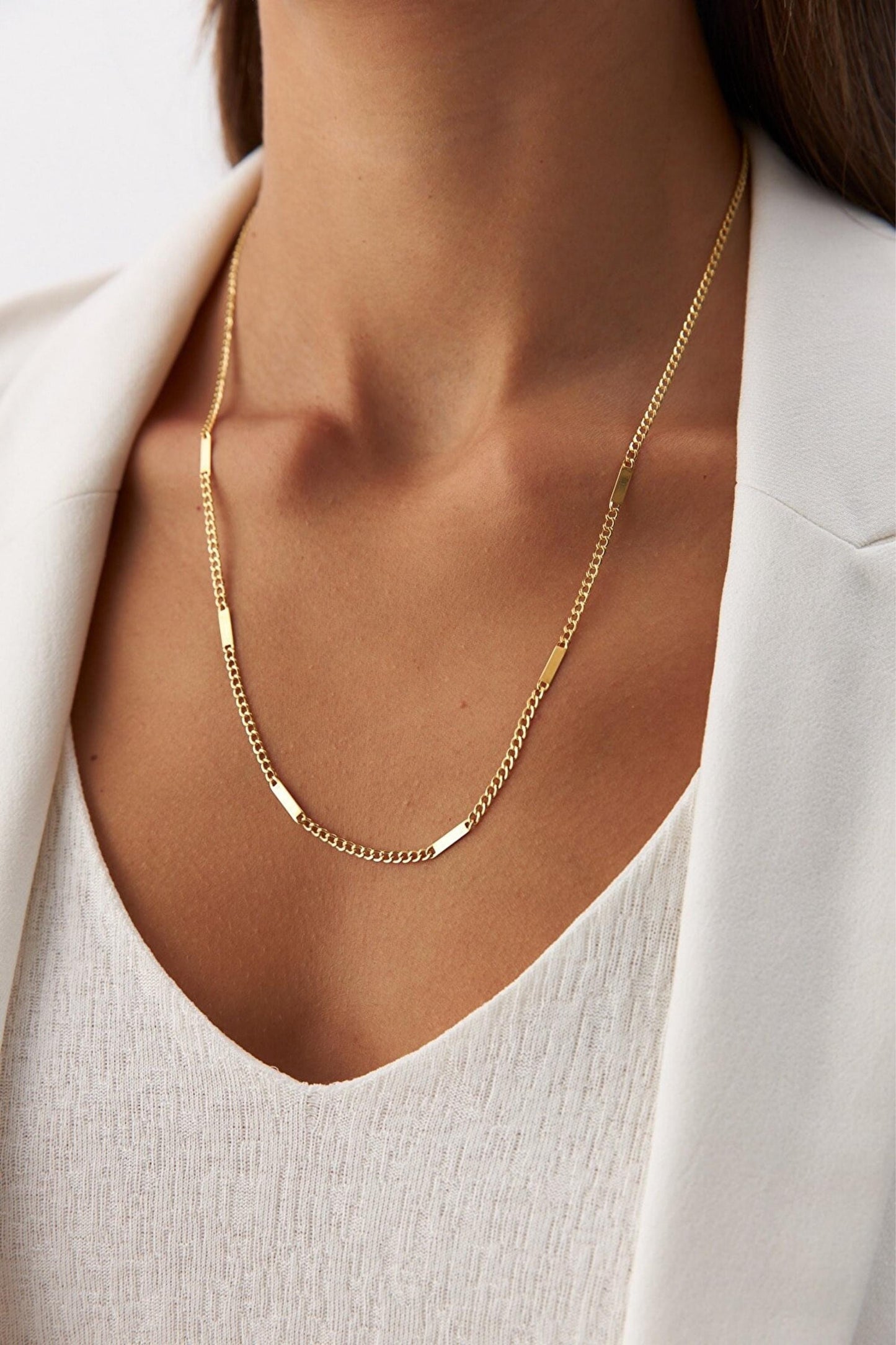 14K Solid Gold Cuban Link Bar Necklace, Engravable Gold Bar Necklace, Dainty Curb Necklace, Minimalist Personalized Jewelry Men & Women
