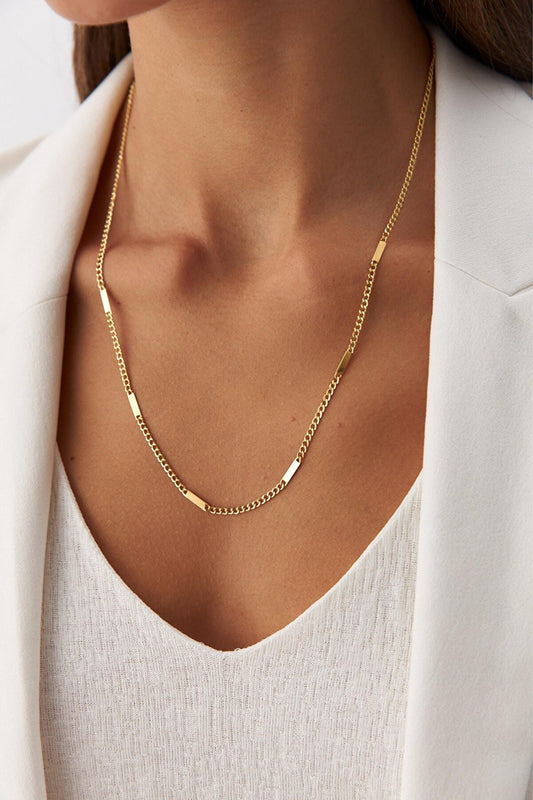 14K Solid Gold Cuban Link Bar Necklace, Engravable Gold Bar Necklace, Dainty Curb Necklace, Minimalist Personalized Jewelry Men & Women