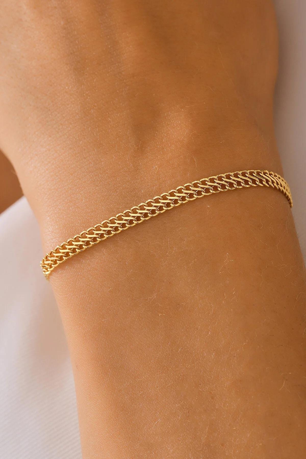 14K Gold Vienna Bracelet, Double Curb Chain Bracelet, Armoured Chain, Minimalist Jewelry, Gift for Her