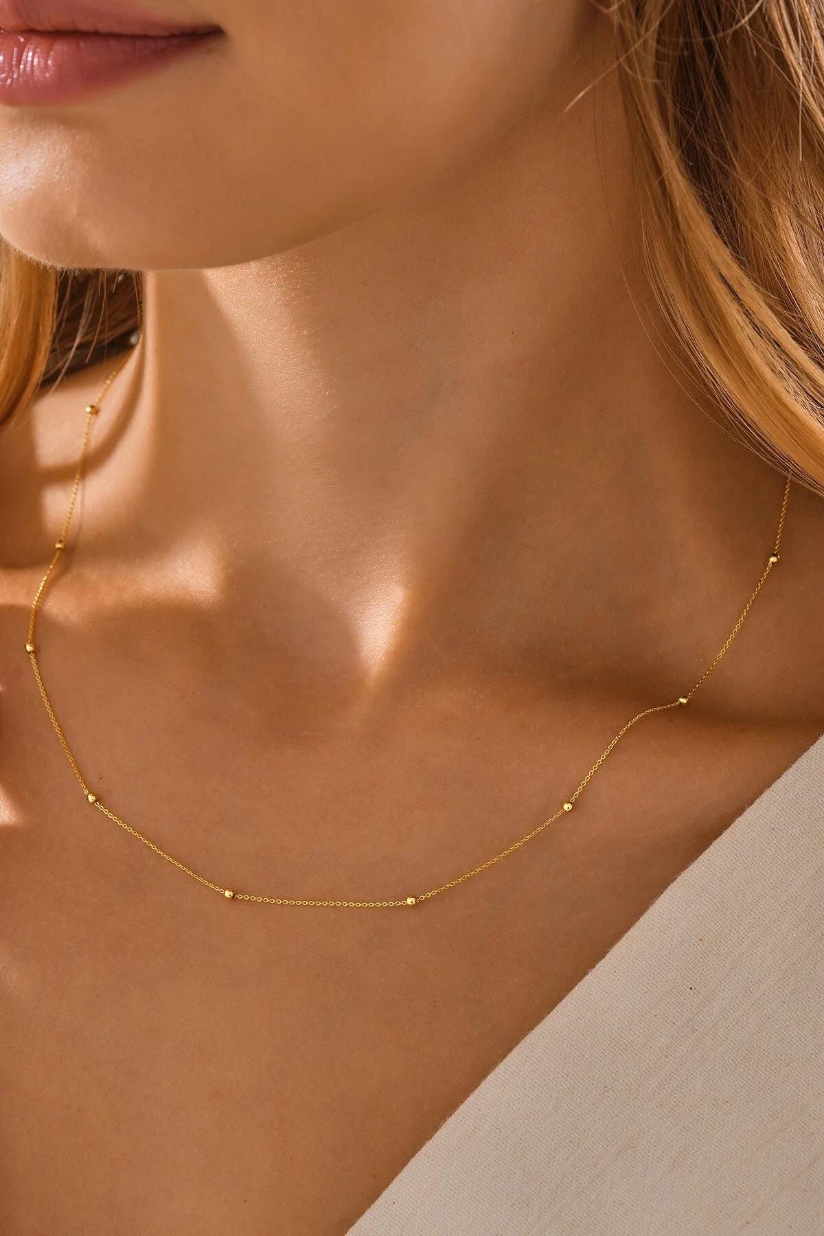 14K Gold Beaded Satellite Chain Necklace, Satellite Choker Necklace, Gold Layering Necklace, Minimalist Choker Necklace, Gift For Her