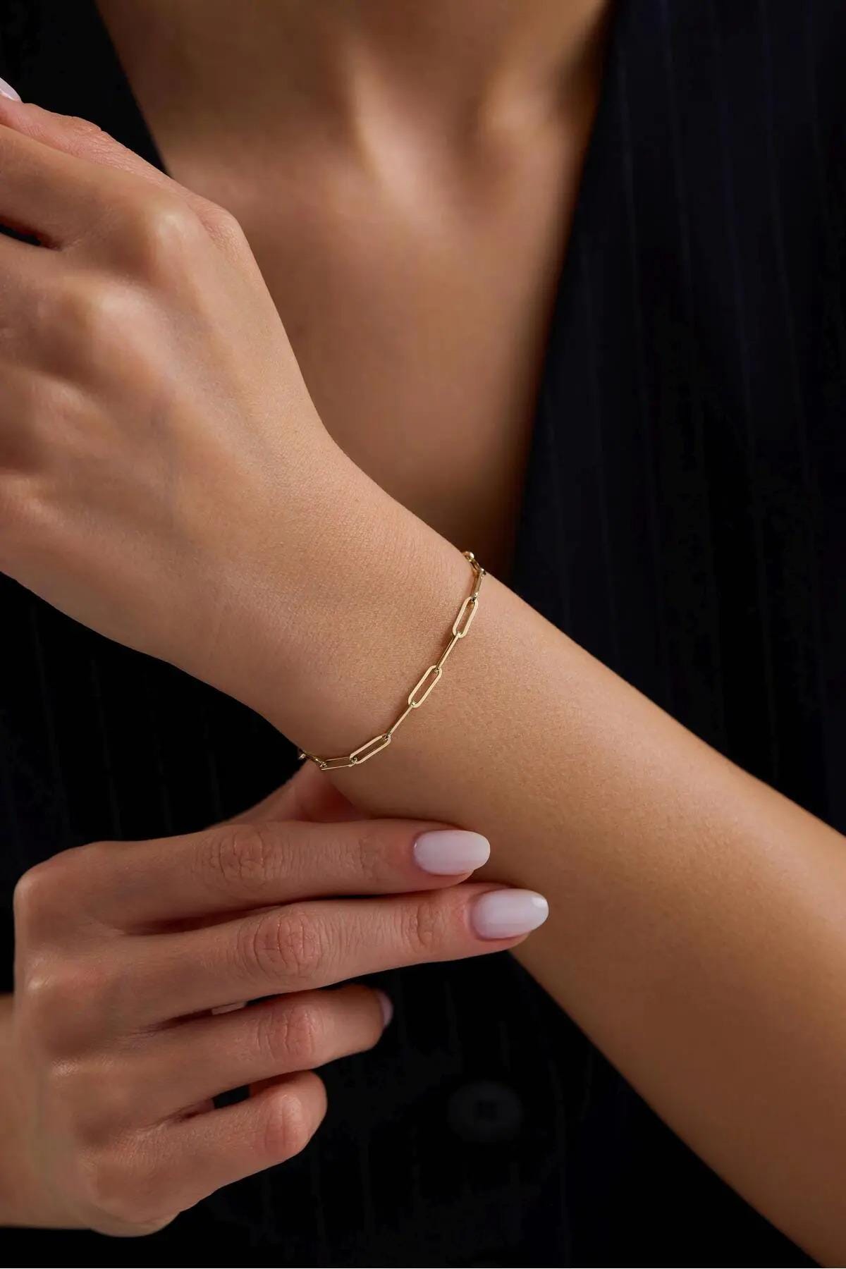 14K Gold Paperclip Chain Bracelet, 2mm Dainty Minimalist Gold Link Bracelet, Everyday Stackable Bracelet for Women, Real Gold Jewelry Gift