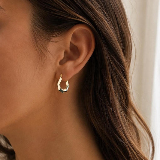 14K Gold Hexagon Hoop Earrings, Geometric Gold Huggie Hoops, Minimalist Everyday Earrings, Small Octagon Hoops, Gift for Her