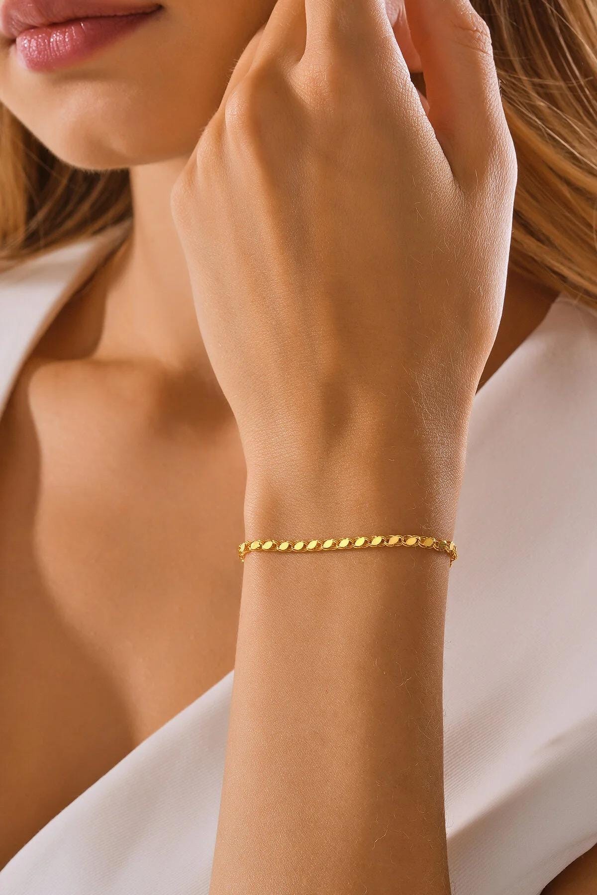 14K Gold Mirror Chain Bracelet, 2mm Gold Mirror Link Bracelet, Minimalist Unisex Gold Bracelet, Dainty Everyday Jewelry, Gift for Her Him