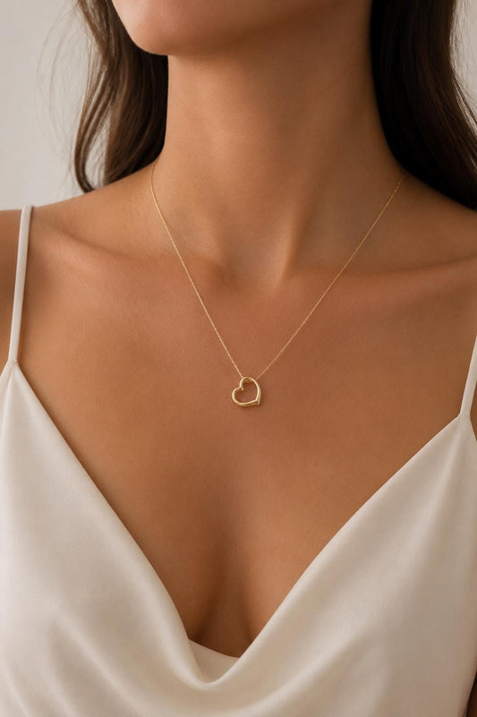 14K Gold Open Heart Necklace, Minimalist Heart Pendant Necklace, Dainty Heart Necklace, Everyday Jewelry, Layering Necklace, Gift for Her