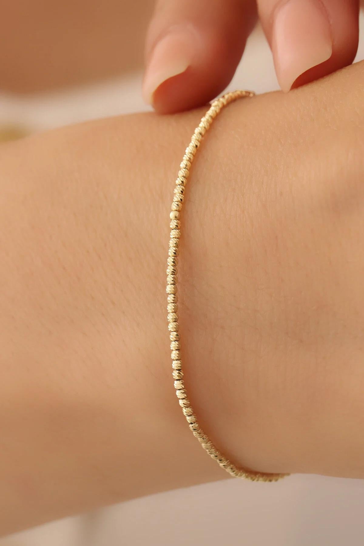 14K Gold Bead Ball Bracelet, 2mm Italian Gold Ball Chain Bracelet, Dainty Stacking Bracelet, Minimalist Everyday Jewelry, Gift for Her