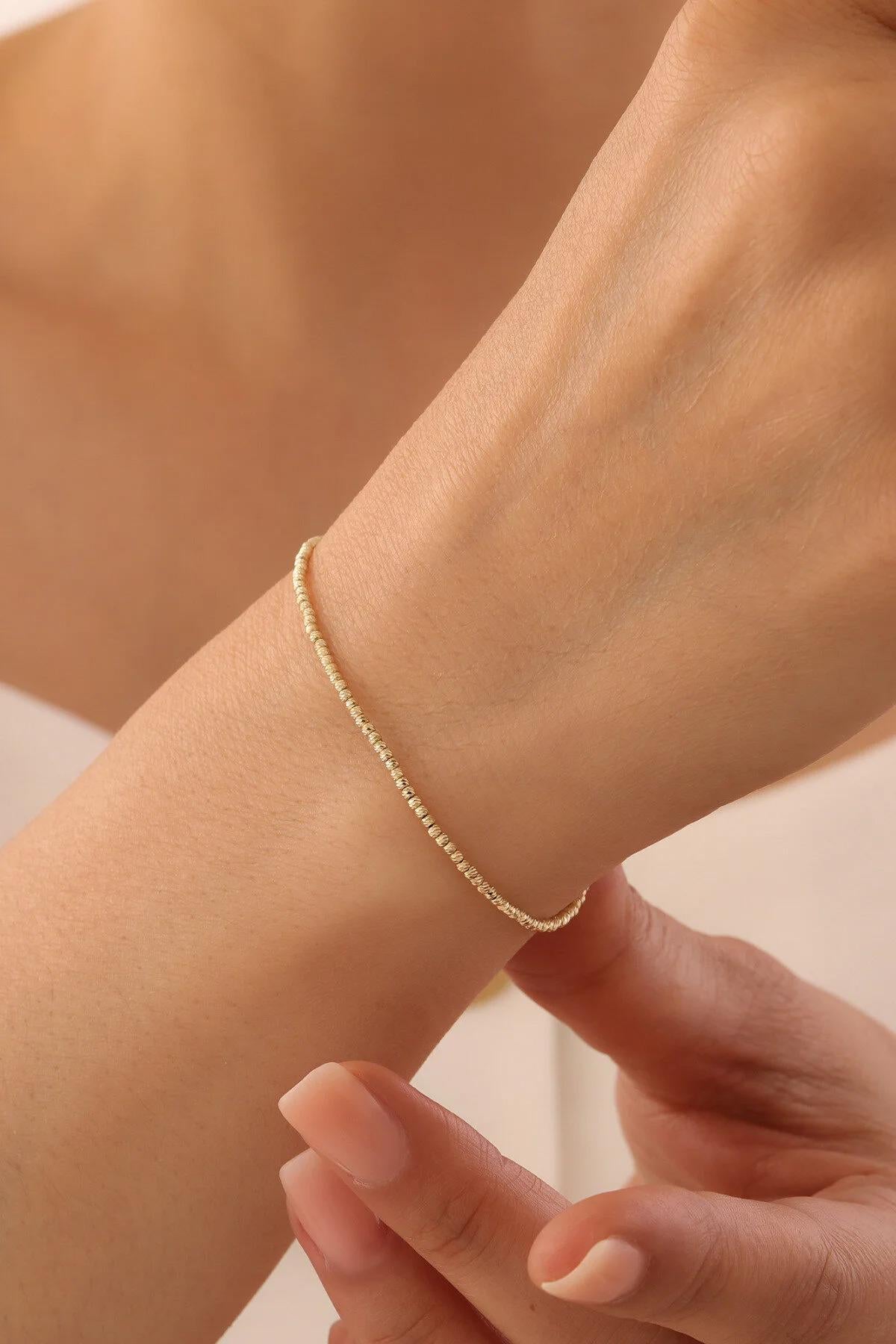 14K Gold Bead Ball Bracelet, 2mm Italian Gold Ball Chain Bracelet, Dainty Stacking Bracelet, Minimalist Everyday Jewelry, Gift for Her