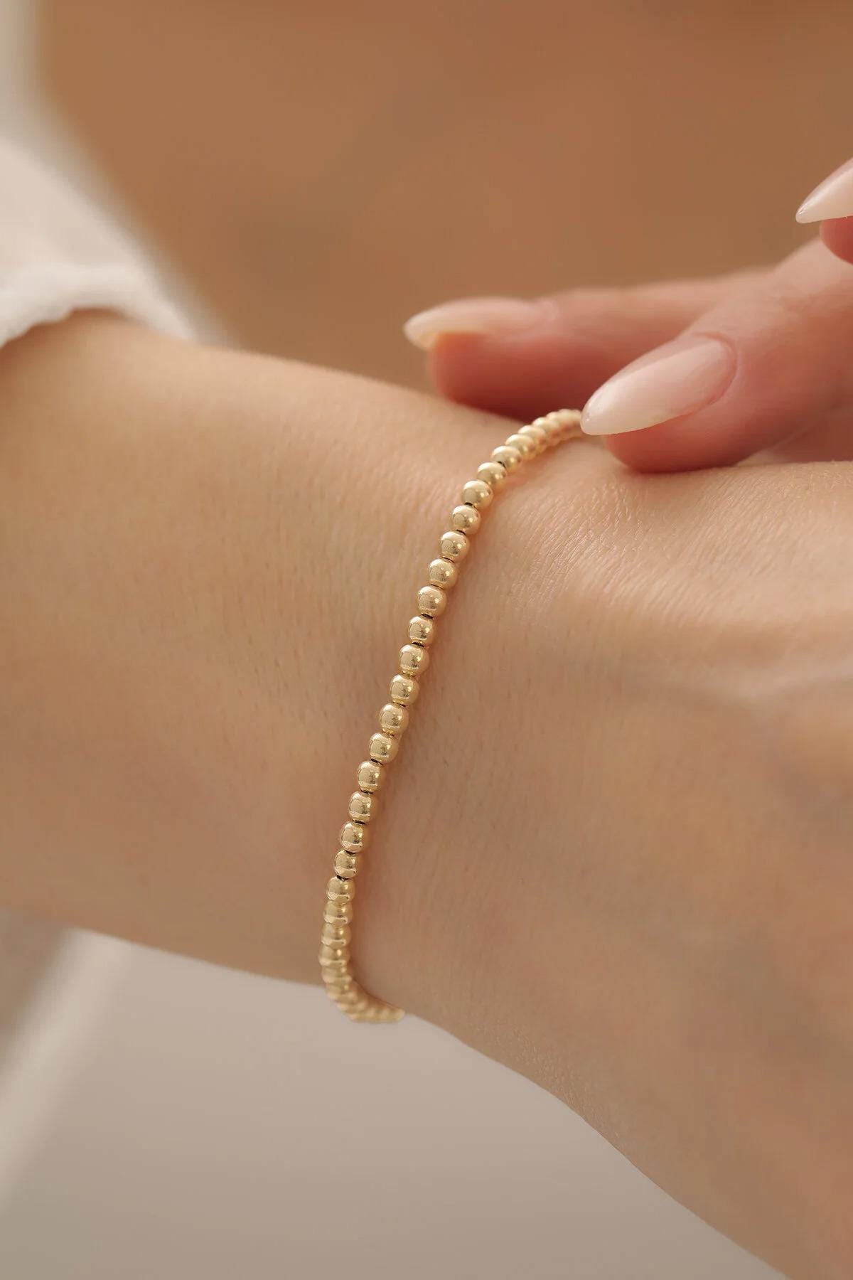 14K Gold Bead Ball Chain Bracelet, 3mm Italian Gold Beaded Bracelet, Round All Shiny Plain Ball Bracelet, Stacking Dainty Bracelet