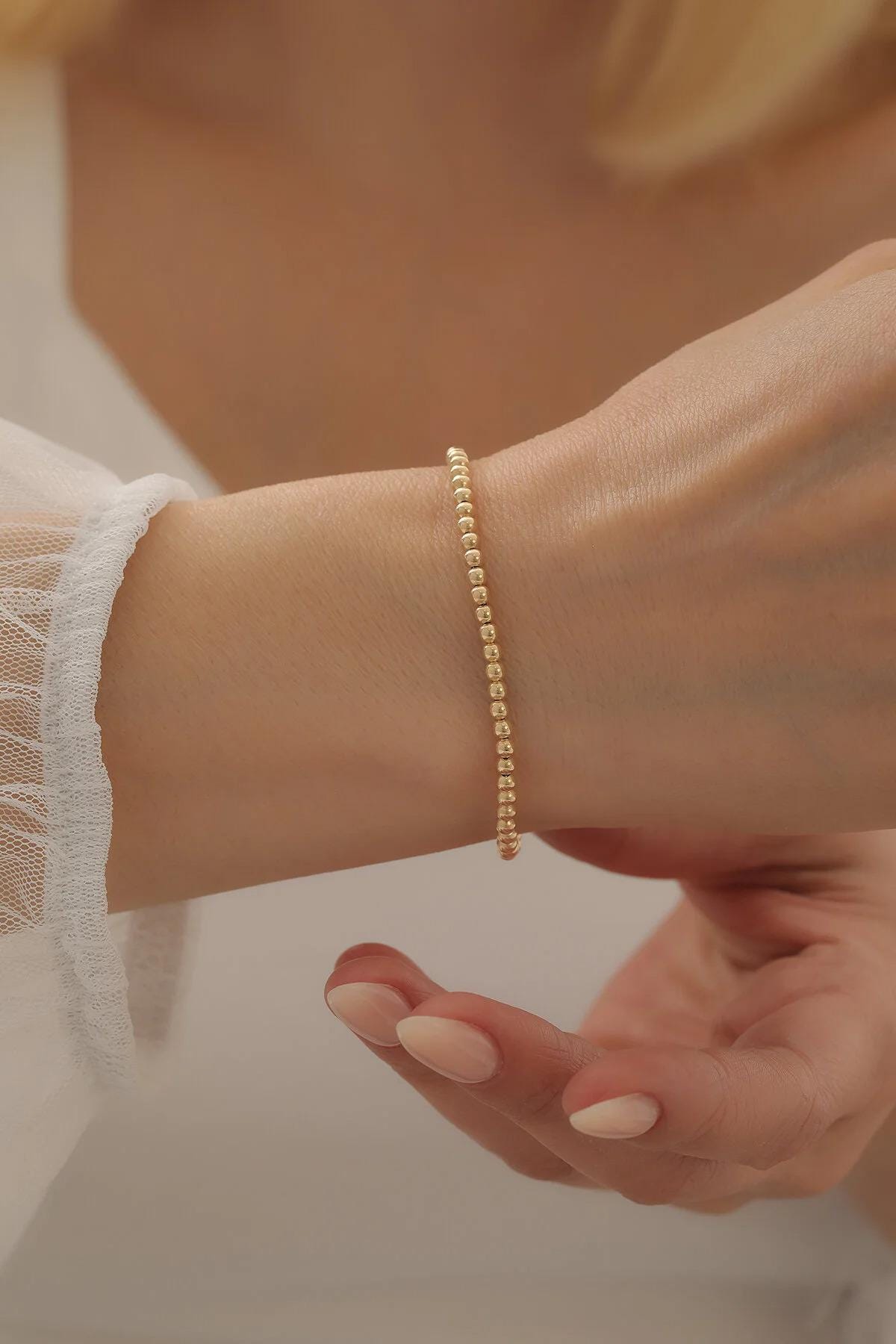 14K Gold Bead Ball Chain Bracelet, 3mm Italian Gold Beaded Bracelet, Round All Shiny Plain Ball Bracelet, Stacking Dainty Bracelet