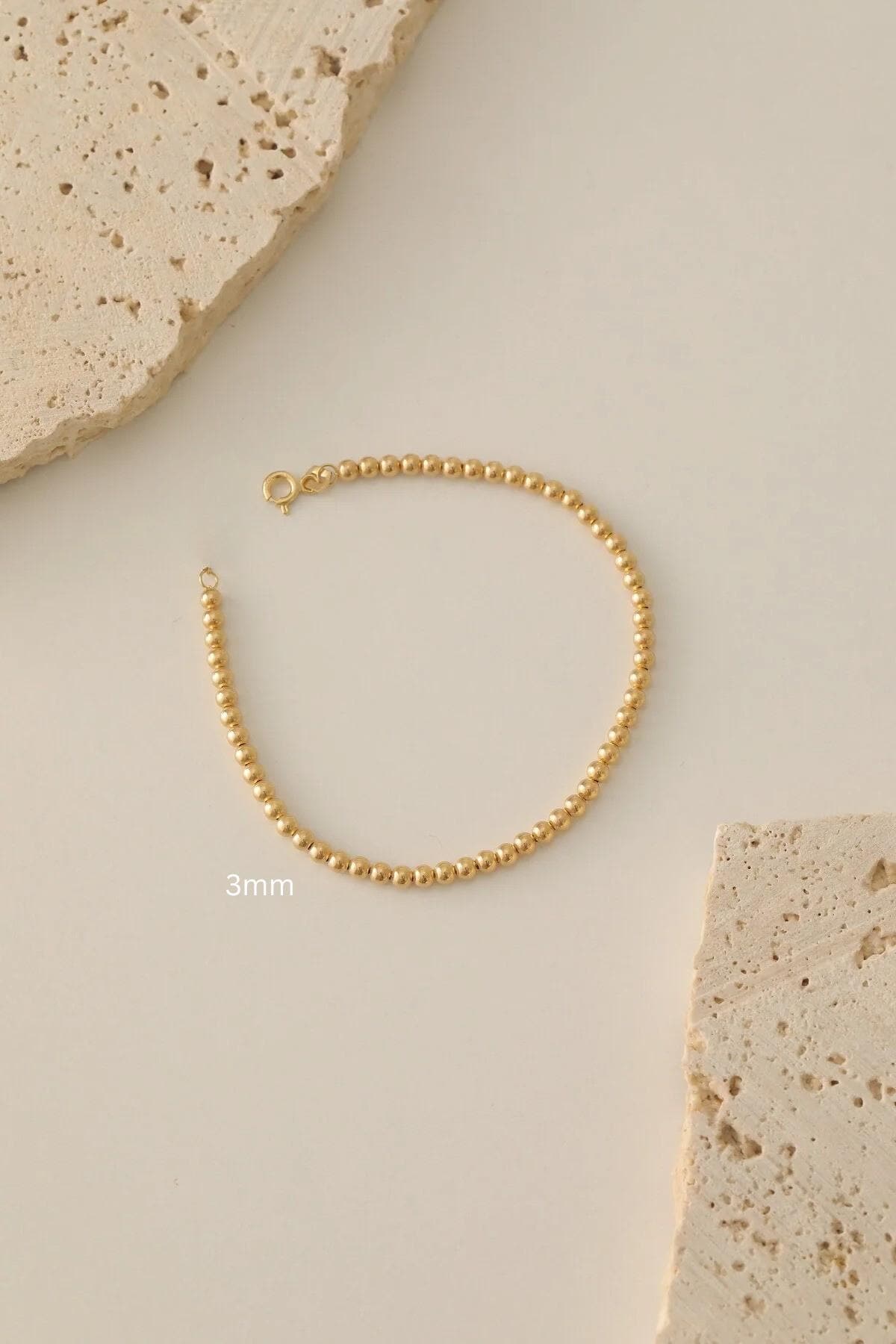 14K Gold Bead Ball Chain Bracelet, 3mm Italian Gold Beaded Bracelet, Round All Shiny Plain Ball Bracelet, Stacking Dainty Bracelet