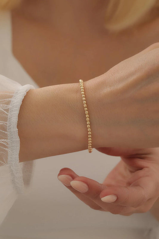 14K Gold Bead Ball Chain Bracelet, 3mm Italian Gold Beaded Bracelet, Round All Shiny Plain Ball Bracelet, Stacking Dainty Bracelet