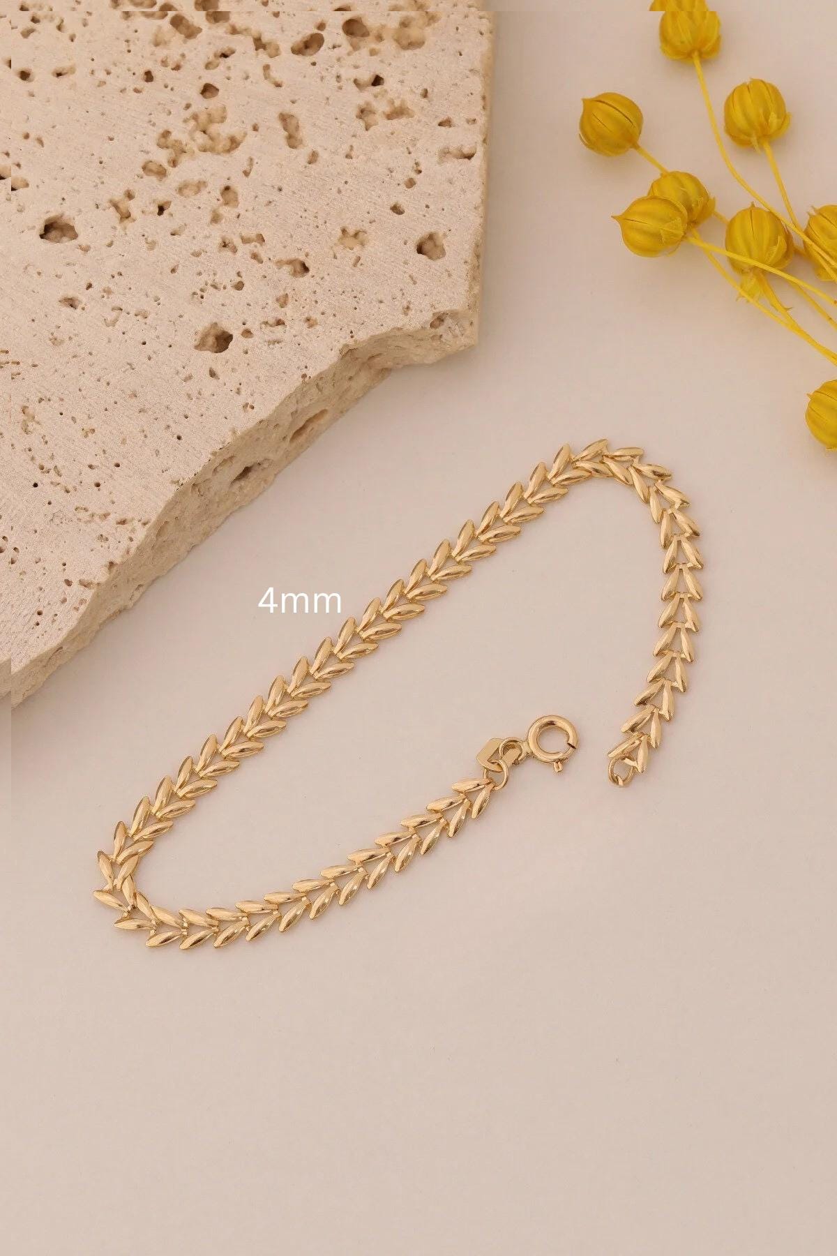 14K Gold Wheat Chain Bracelet, 4mm Gold Spiga Bracelet, Italian Wheat Link Bracelet, Dainty Stacking Bracelet, Minimalist Gold Jewelry