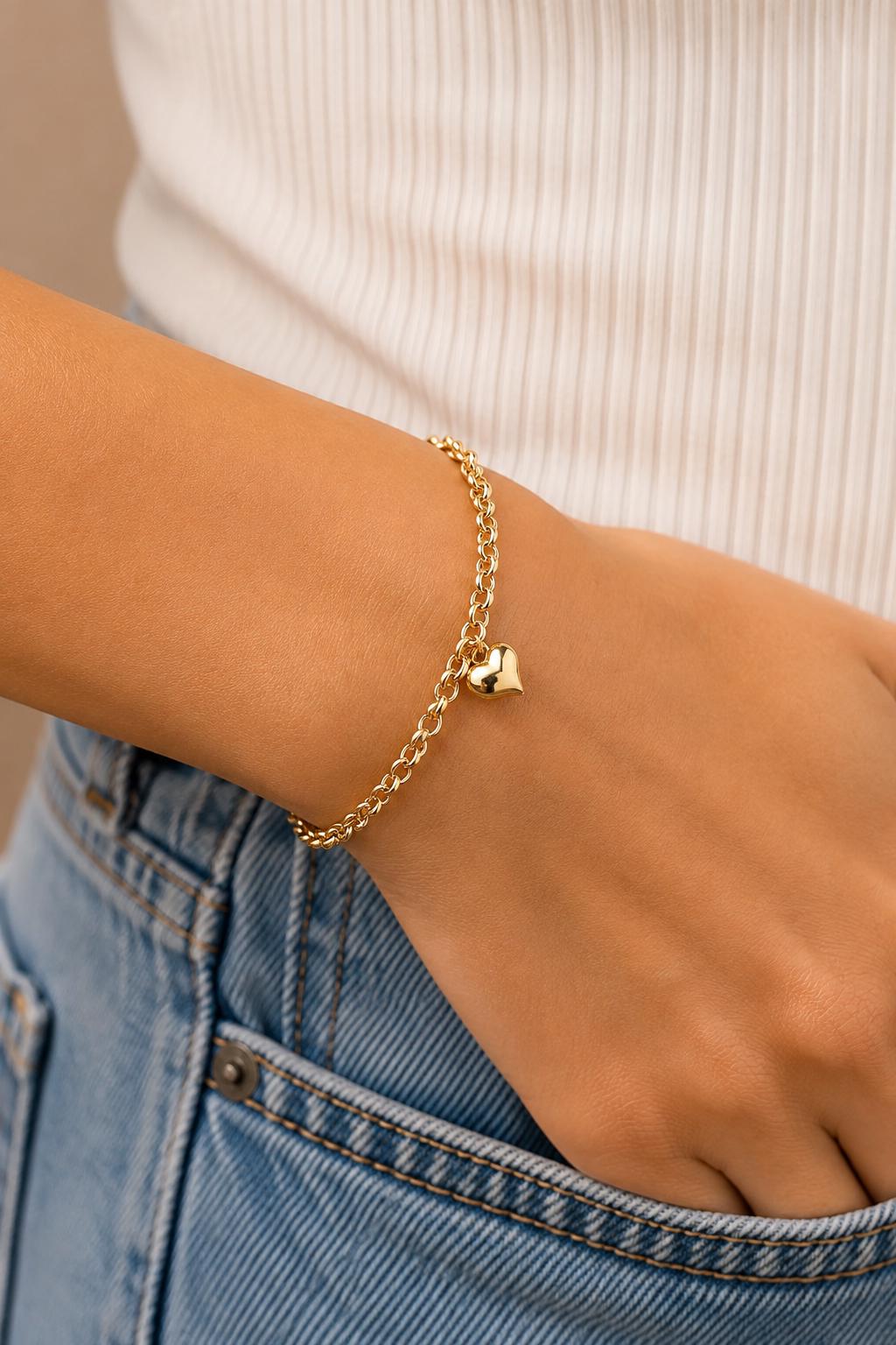 14K Gold Rolo Chain Heart Bracelet, 3mm 4mm 5mm Gold Rolo Chain Bracelet, Heart Charm Bracelet, Dainty Gift for Her