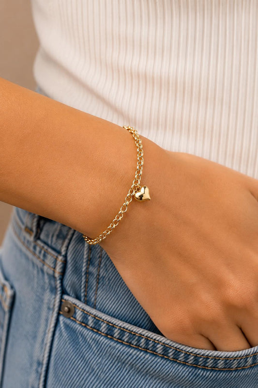 14K Gold Rolo Chain Heart Bracelet, 3mm 4mm 5mm Gold Rolo Chain Bracelet, Heart Charm Bracelet, Dainty Gift for Her