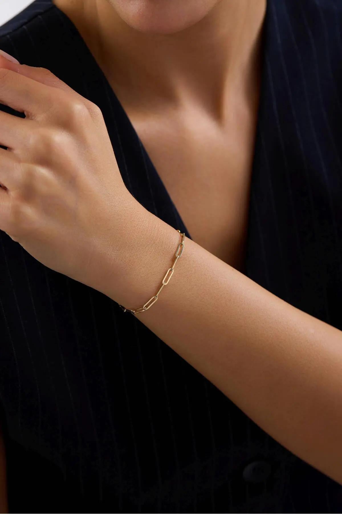 14K Gold Paperclip Chain Bracelet, 2mm Dainty Minimalist Gold Link Bracelet, Everyday Stackable Bracelet for Women, Real Gold Jewelry Gift