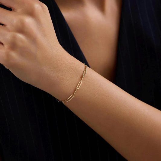 14K Gold Paperclip Chain Bracelet, 2mm Dainty Minimalist Gold Link Bracelet, Everyday Stackable Bracelet for Women, Real Gold Jewelry Gift