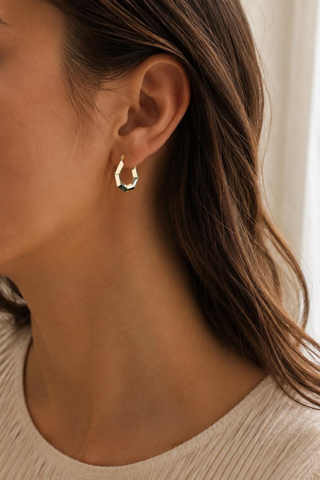 14K Gold Hexagon Hoop Earrings, Geometric Gold Huggie Hoops, Minimalist Everyday Earrings, Small Octagon Hoops, Gift for Her