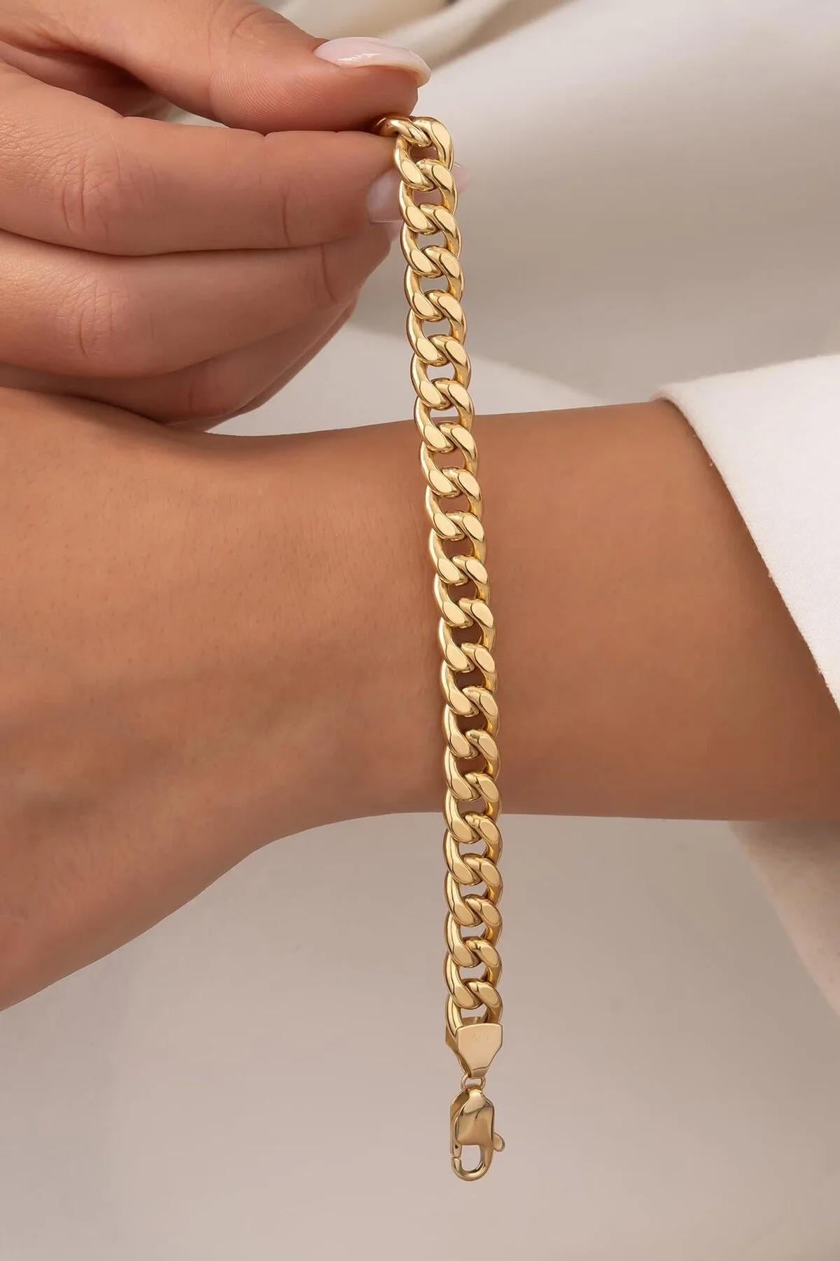 14K Gold Cuban Link Bracelet, 8mm Gold Curb Chain Bracelet, Chunky Gold Bracelet, Men's Women's Statement Jewelry