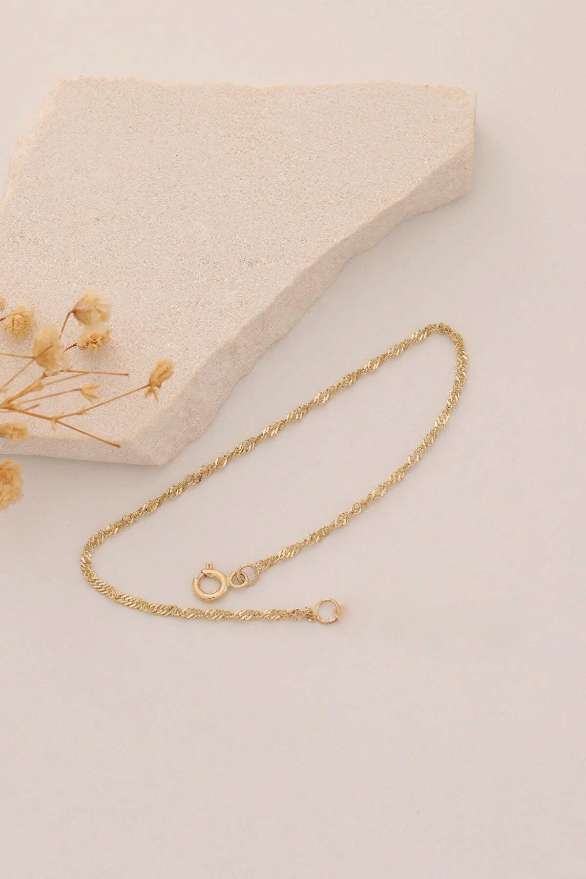 14K Gold Singapore Chain Bracelet, 2mm Dainty Twisted Gold Bracelet, Minimalist Everyday Bracelet, Delicate Stackable Chain, Gift for Her