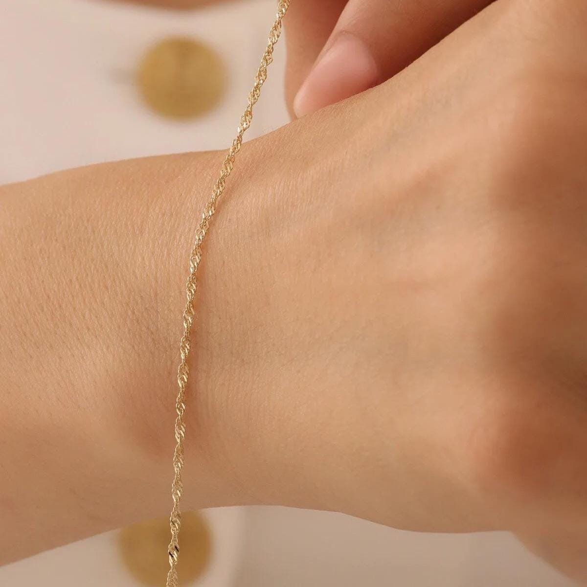 14K Gold Singapore Chain Bracelet, 2mm Dainty Twisted Gold Bracelet, Minimalist Everyday Bracelet, Delicate Stackable Chain, Gift for Her