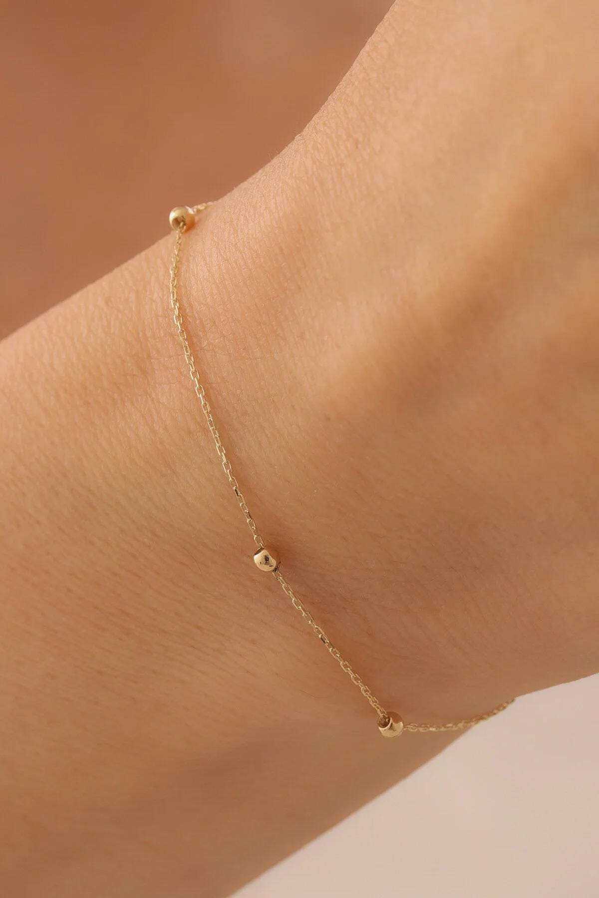 14K Gold Satellite Bracelet, 2mm Beaded Chain Bracelet, Dainty Bracelet for Women, Minimalist Solid Gold, Gift for Her