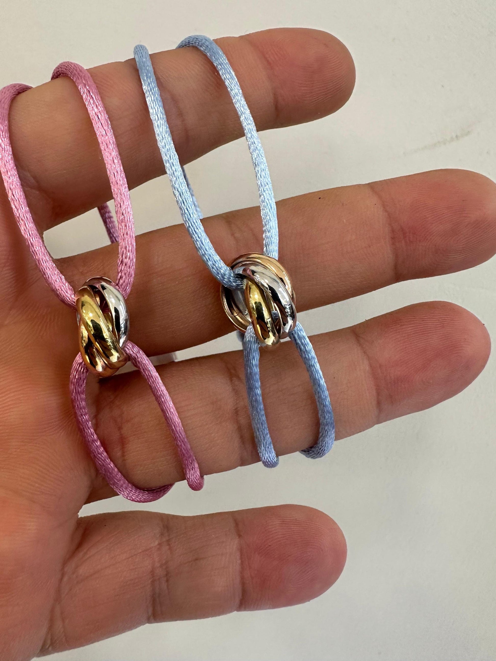 14K Gold Tri Color Cord Bracelet, Yellow Rose White Gold Ring Bracelet, Adjustable String Bracelet, Minimalist Friendship Bracelet