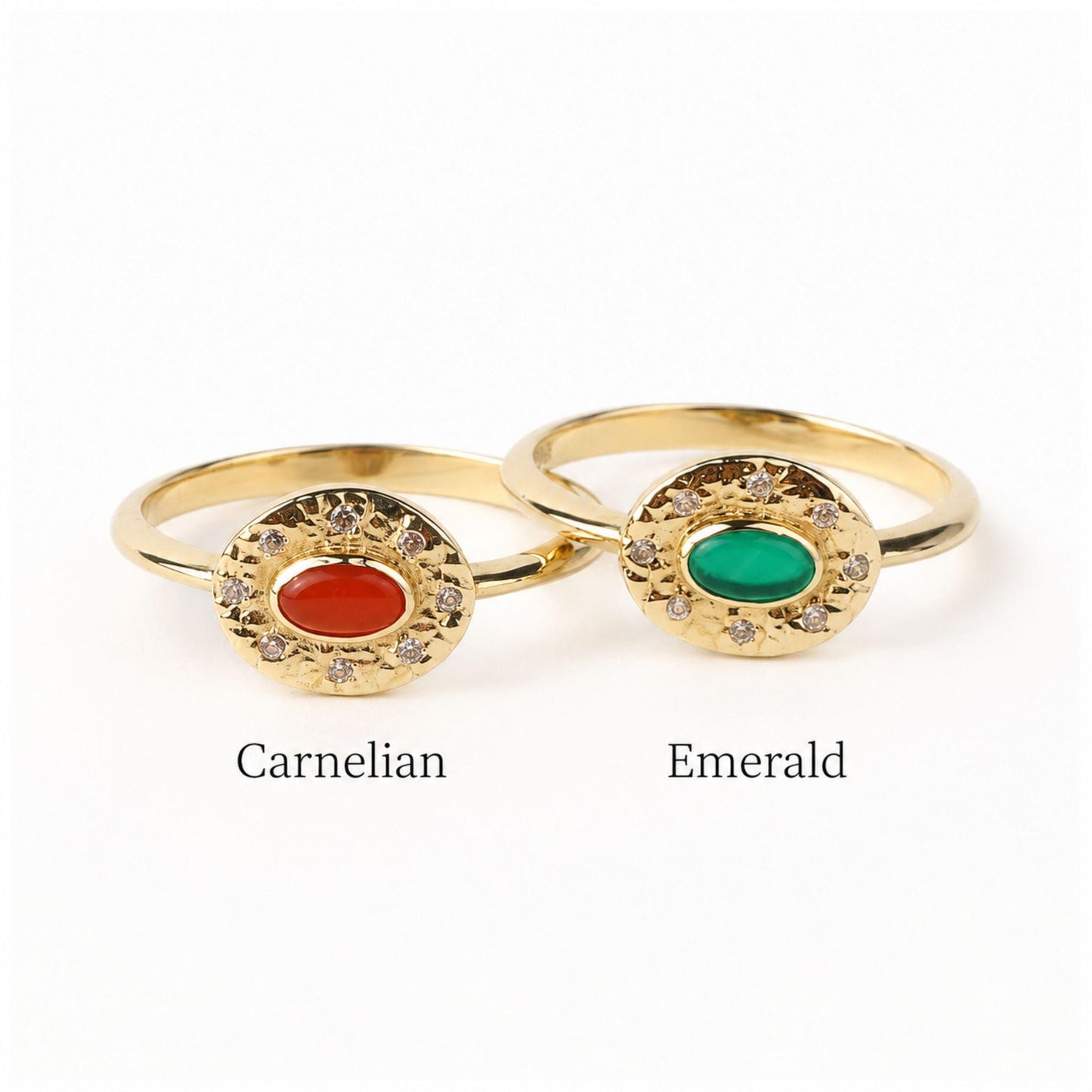 14K Gold Carnelian Ring, Emerald Ring, Oval Gemstone Ring, CZ Halo Ring, Vintage Inspired Gold Ring, Statement Ring, Gift for Her