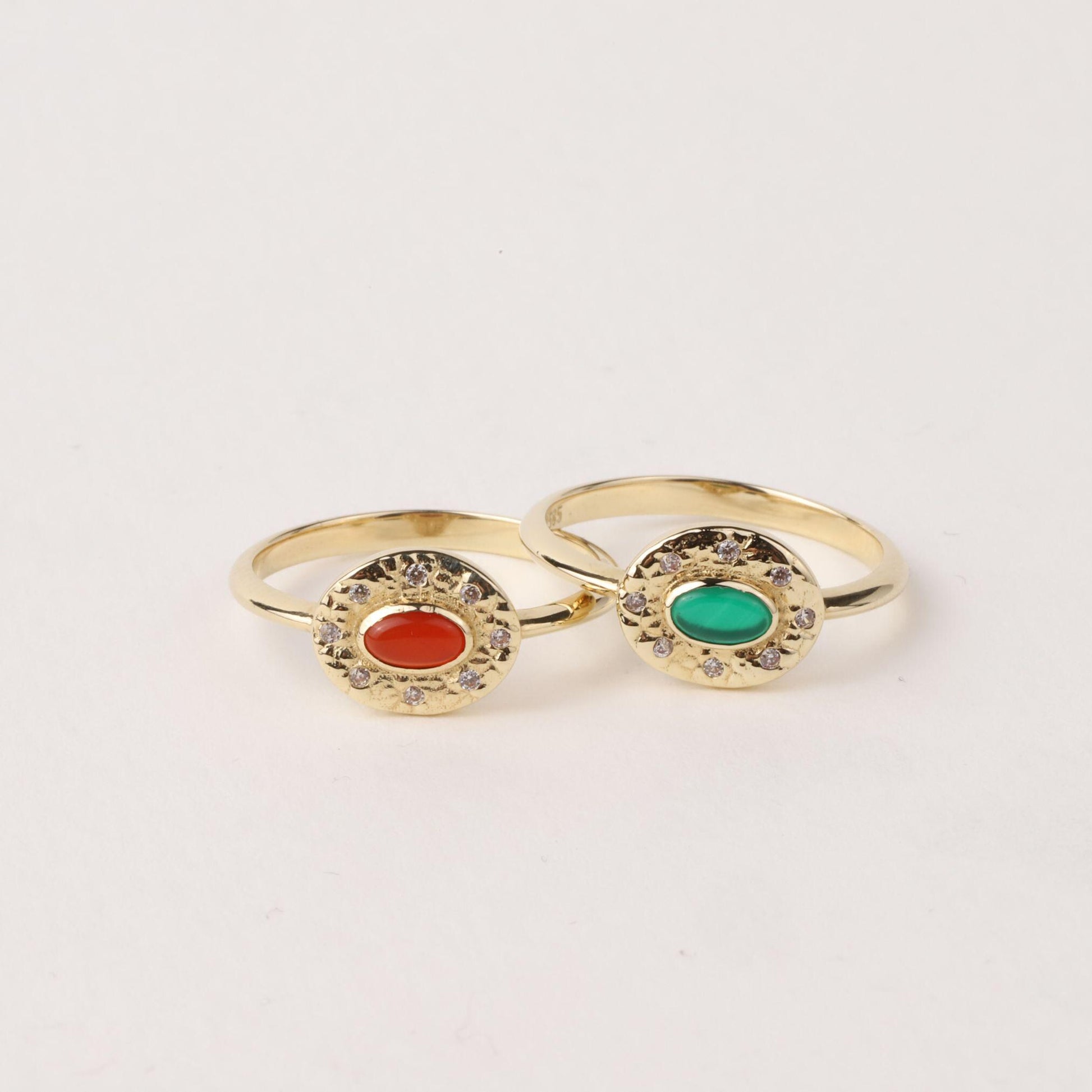 14K Gold Carnelian Ring, Emerald Ring, Oval Gemstone Ring, CZ Halo Ring, Vintage Inspired Gold Ring, Statement Ring, Gift for Her