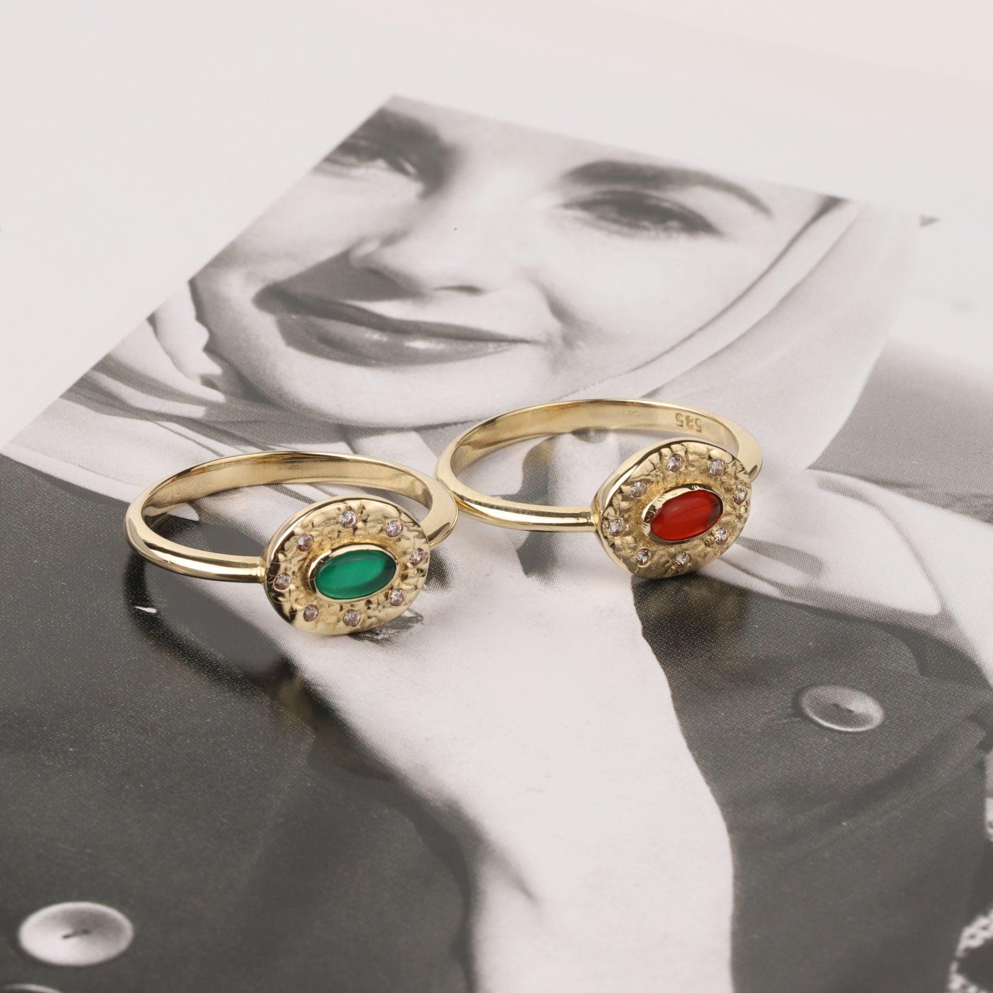 14K Gold Carnelian Ring, Emerald Ring, Oval Gemstone Ring, CZ Halo Ring, Vintage Inspired Gold Ring, Statement Ring, Gift for Her