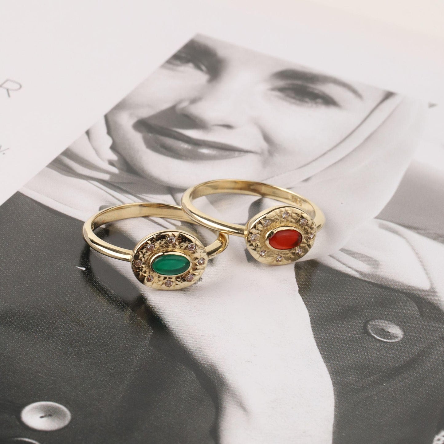 14K Gold Carnelian Ring, Emerald Ring, Oval Gemstone Ring, CZ Halo Ring, Vintage Inspired Gold Ring, Statement Ring, Gift for Her