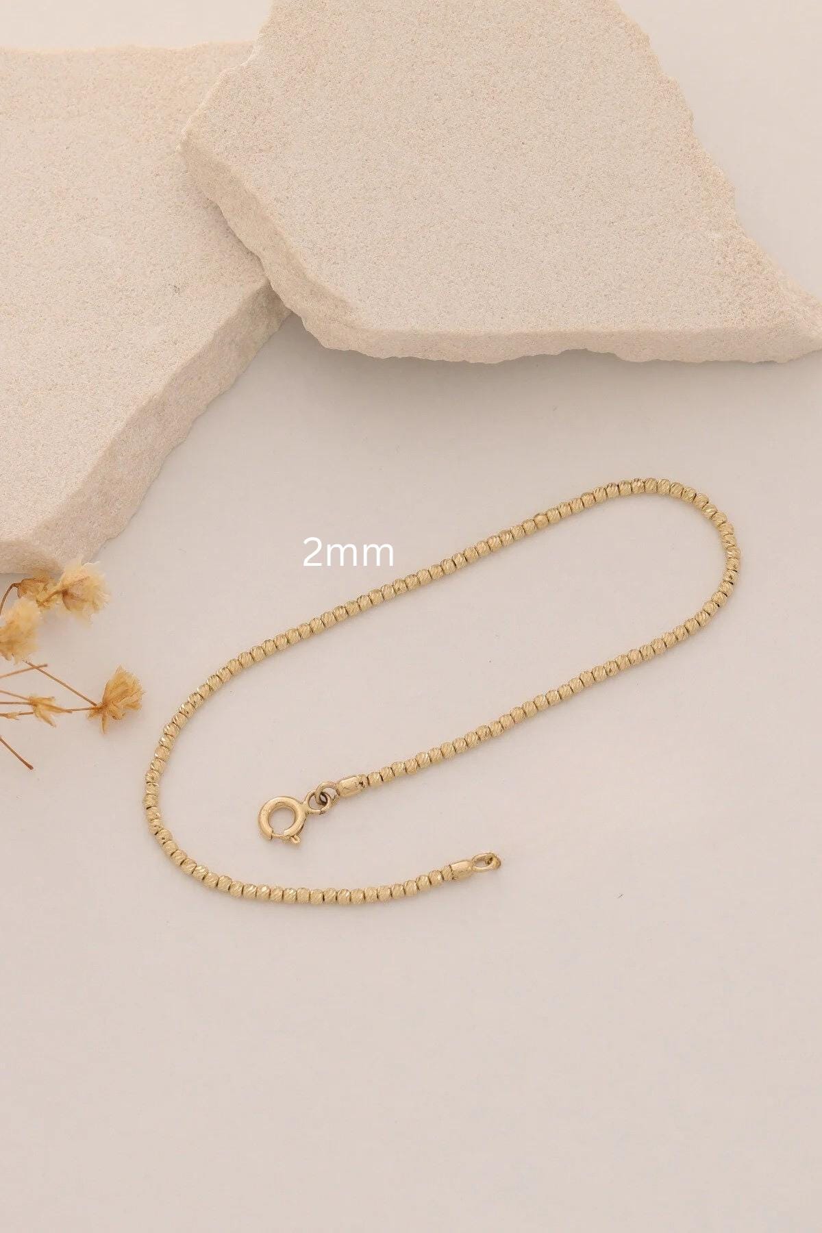14K Gold Bead Ball Chain Bracelet, 2mm Italian Gold Beaded Bracelet, Round All Shiny Plain Ball Bracelet, Stacking Dainty Bracelet