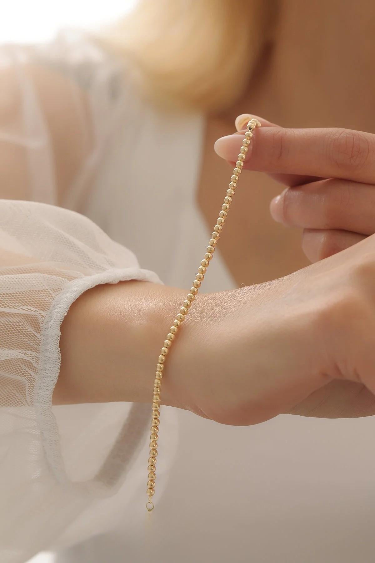 14K Gold Bead Ball Chain Bracelet, 3mm Italian Gold Beaded Bracelet, Round All Shiny Plain Ball Bracelet, Stacking Dainty Bracelet