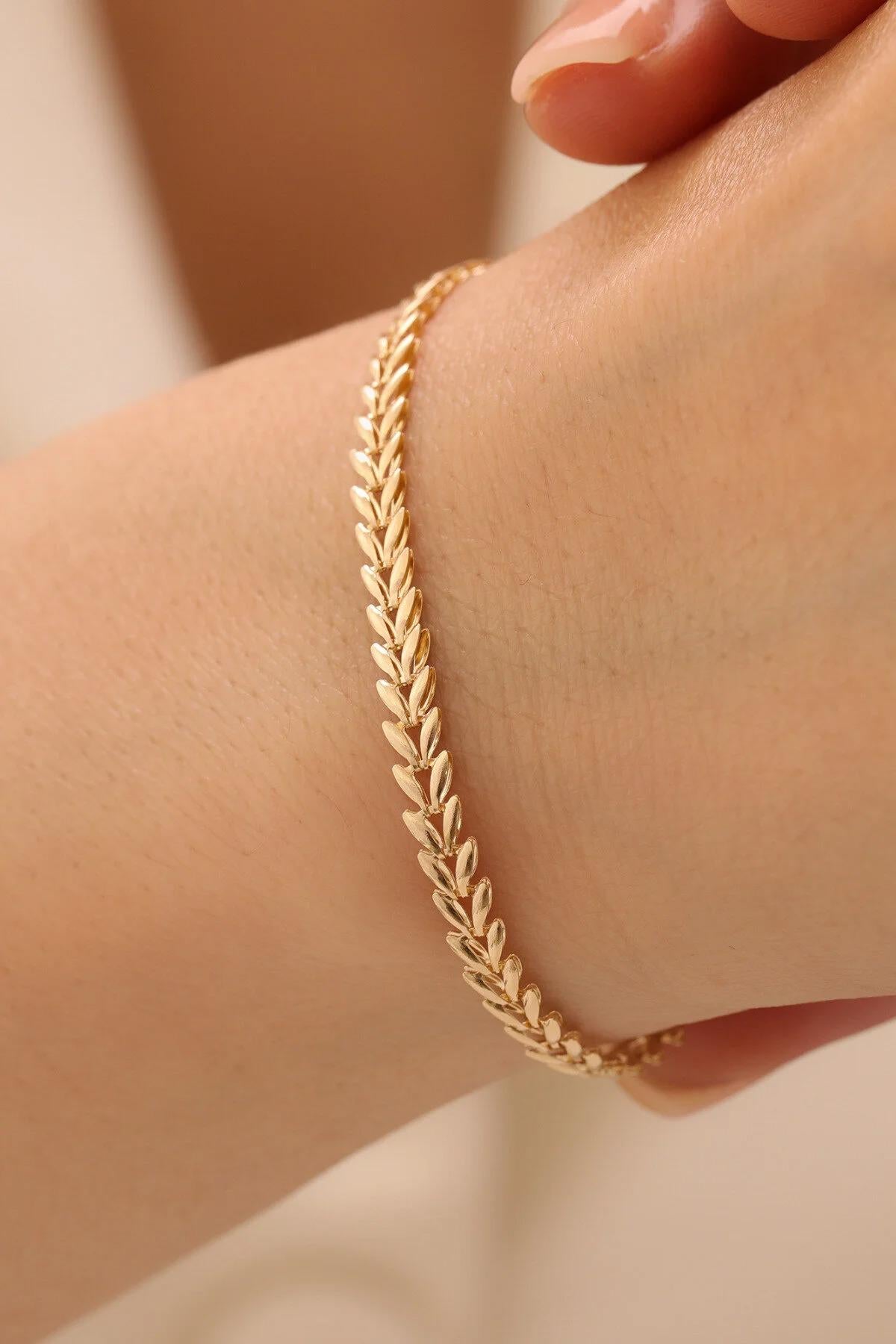 14K Gold Wheat Chain Bracelet, 4mm Gold Spiga Bracelet, Italian Wheat Link Bracelet, Dainty Stacking Bracelet, Minimalist Gold Jewelry