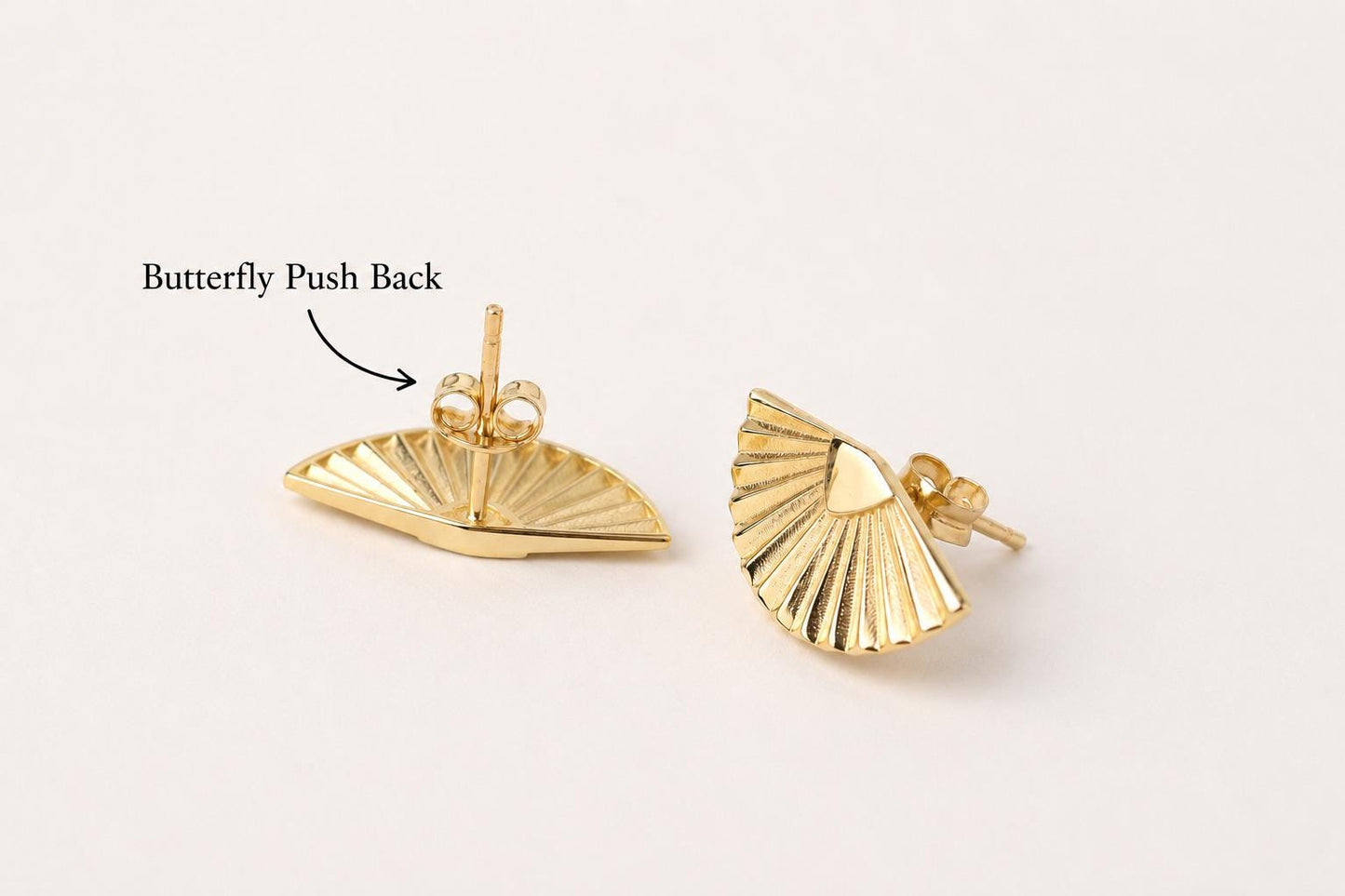 14K Gold Fan Stud Earrings, Shell Stud Earrings, Sunburst Gold Earrings, Art Deco Earrings, Minimalist Statement Earrings, Gift for Her