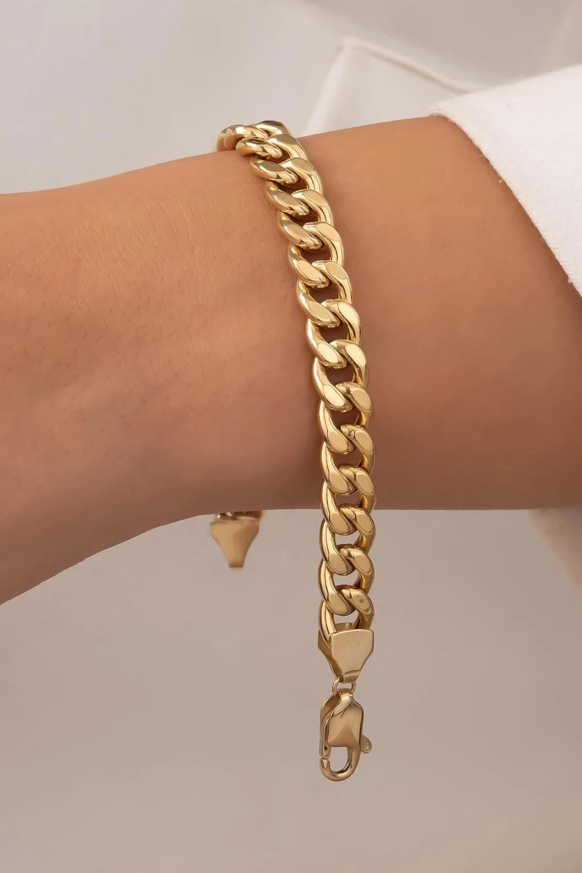 14K Gold Cuban Link Bracelet, 8mm Gold Curb Chain Bracelet, Chunky Gold Bracelet, Men's Women's Statement Jewelry