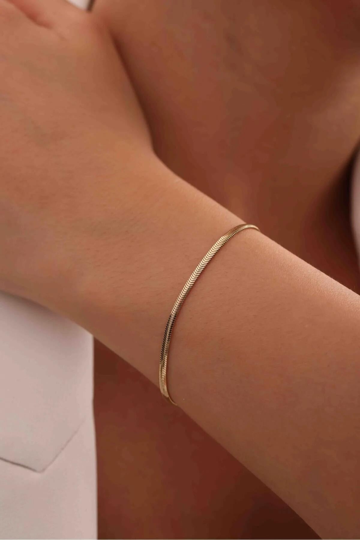 14K Gold Snake Chain Bracelet, Minimalist Gold Bracelet, Handmade Jewelry, Italian Gold Bracelet, Herringbone 2.6 mm 3.4 mm 4.2 mm Chain