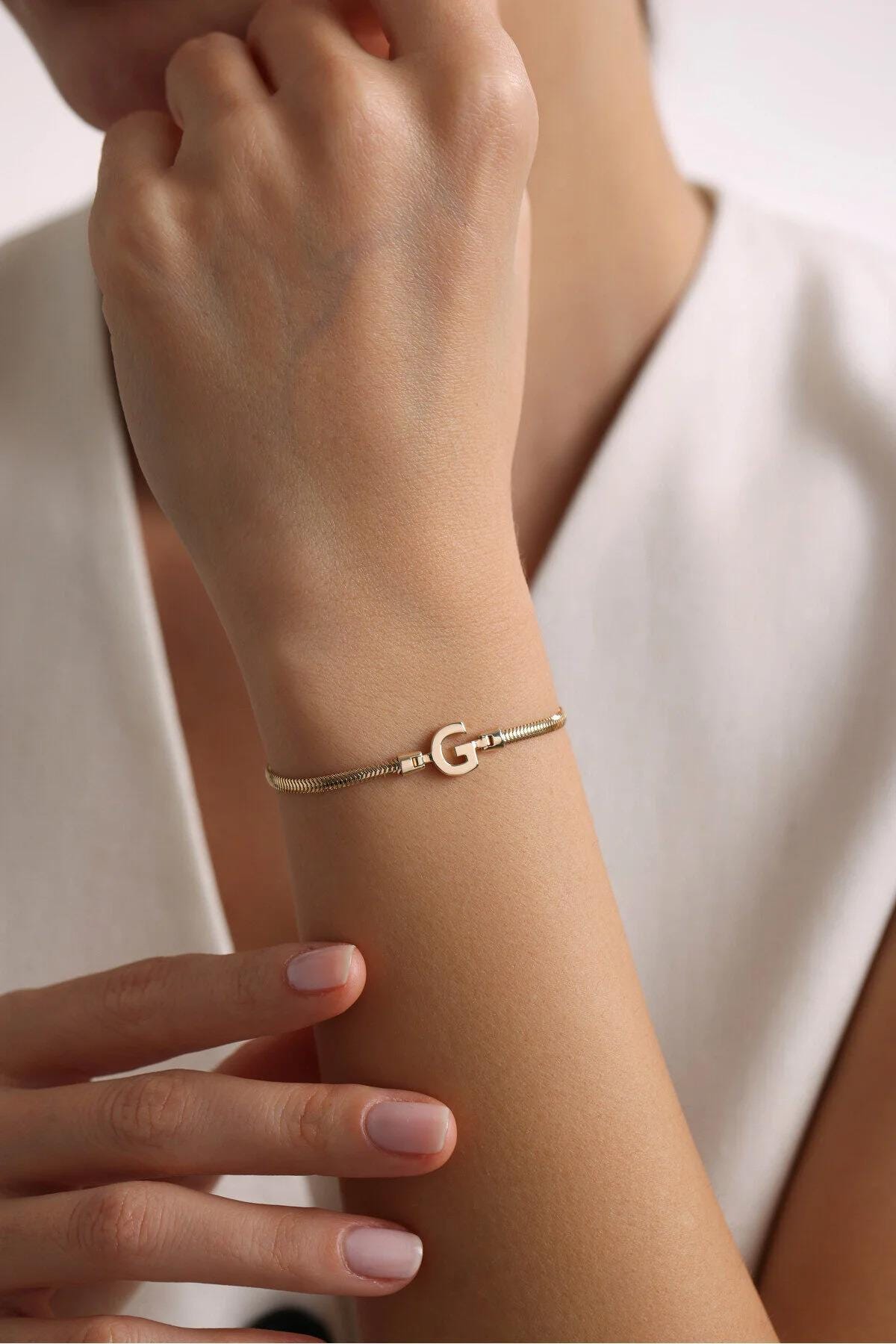14K Gold Initial Bracelet, Personalized Letter Bracelet, Snake Chain Bracelet, Dainty Gold Initial Jewelry, Custom Gift for Her