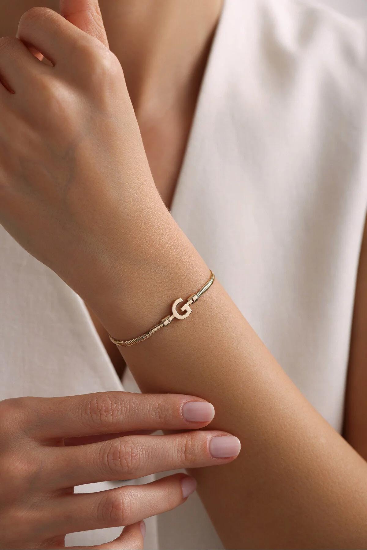 14K Gold Initial Bracelet, Personalized Letter Bracelet, Snake Chain Bracelet, Dainty Gold Initial Jewelry, Custom Gift for Her