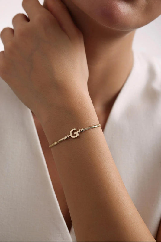 14K Gold Initial Bracelet, Personalized Letter Bracelet, Snake Chain Bracelet, Dainty Gold Initial Jewelry, Custom Gift for Her