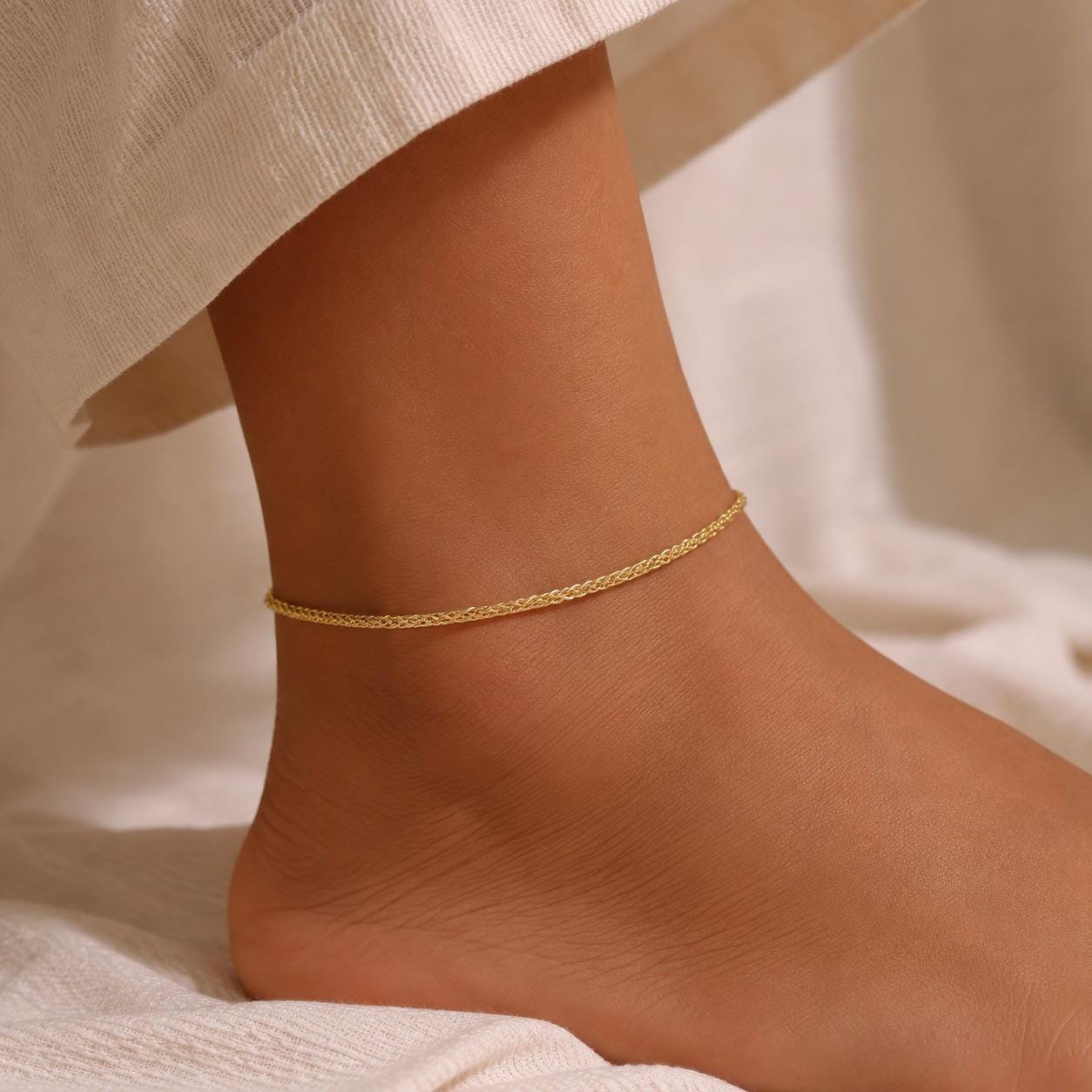 14K Gold Palm Chain Anklet, Wheat Foxtail Palm, Franco Chain Anklet, 2mm 3mm 4mm Link Chain Anklet, Men Women Anklet, Thanksgiving