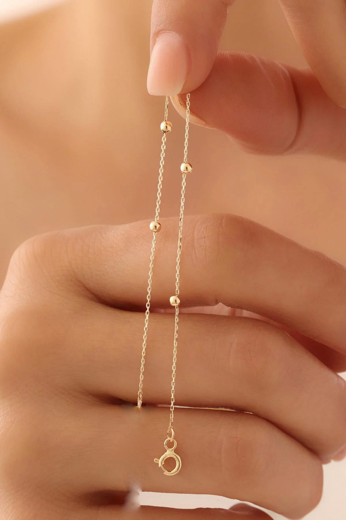 14K Gold Satellite Bracelet, 2mm Beaded Chain Bracelet, Dainty Bracelet for Women, Minimalist Solid Gold, Gift for Her