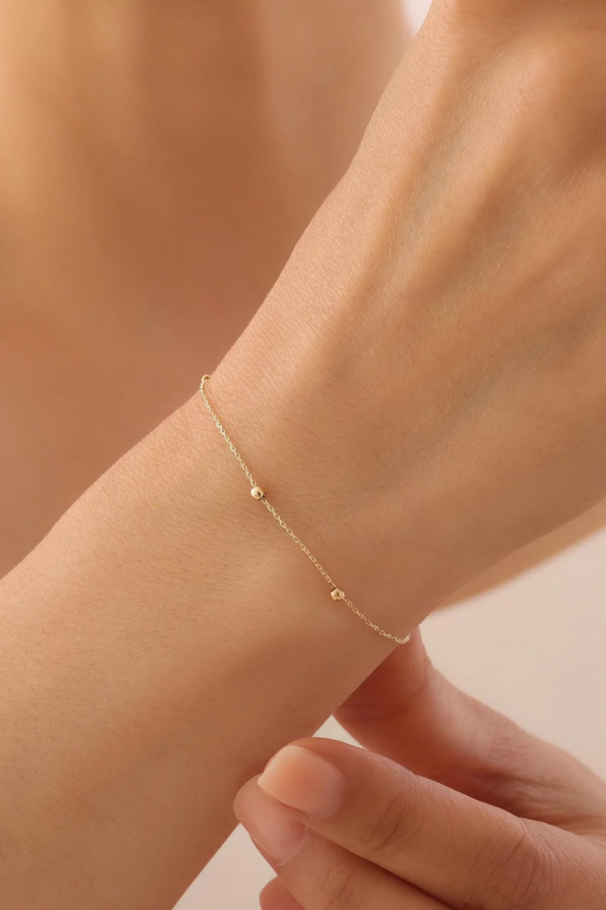 14K Gold Satellite Bracelet, 2mm Beaded Chain Bracelet, Dainty Bracelet for Women, Minimalist Solid Gold, Gift for Her