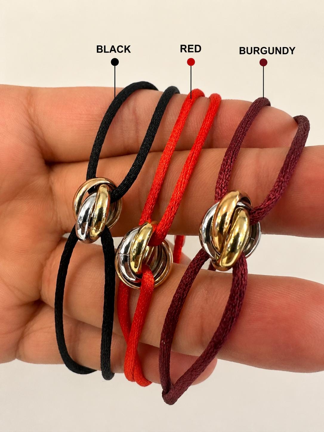 14K Gold Tri Color Cord Bracelet, Yellow Rose White Gold Ring Bracelet, Adjustable String Bracelet, Minimalist Friendship Bracelet
