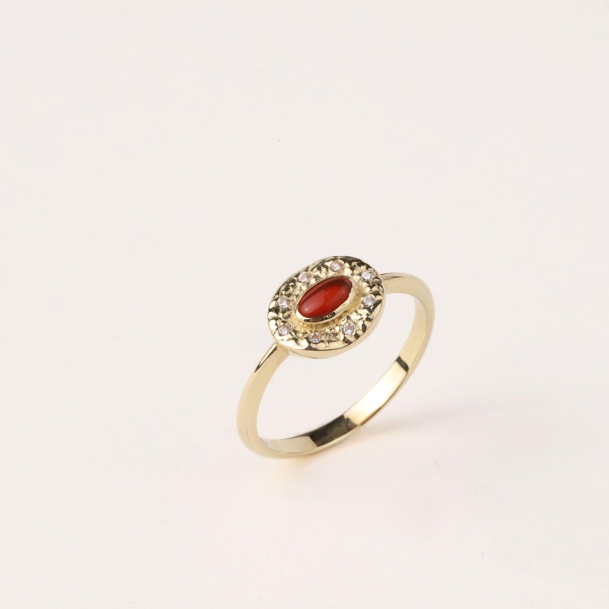 14K Gold Carnelian Ring, Emerald Ring, Oval Gemstone Ring, CZ Halo Ring, Vintage Inspired Gold Ring, Statement Ring, Gift for Her