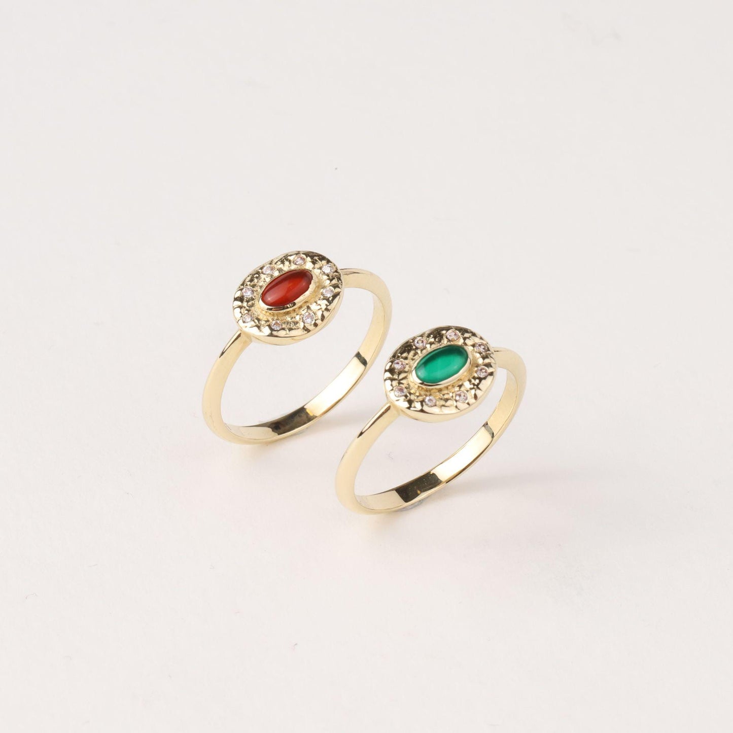 14K Gold Carnelian Ring, Emerald Ring, Oval Gemstone Ring, CZ Halo Ring, Vintage Inspired Gold Ring, Statement Ring, Gift for Her