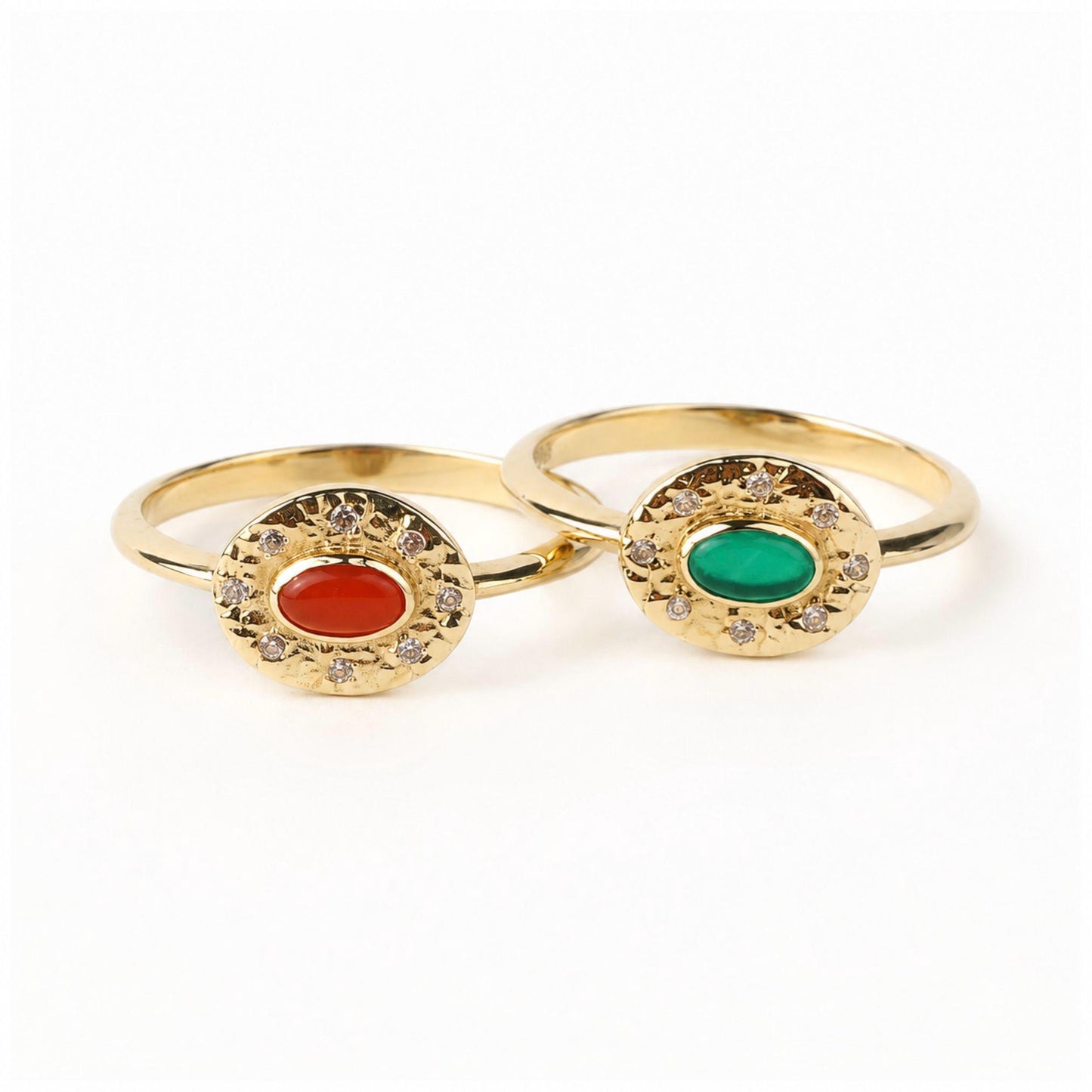 14K Gold Carnelian Ring, Emerald Ring, Oval Gemstone Ring, CZ Halo Ring, Vintage Inspired Gold Ring, Statement Ring, Gift for Her