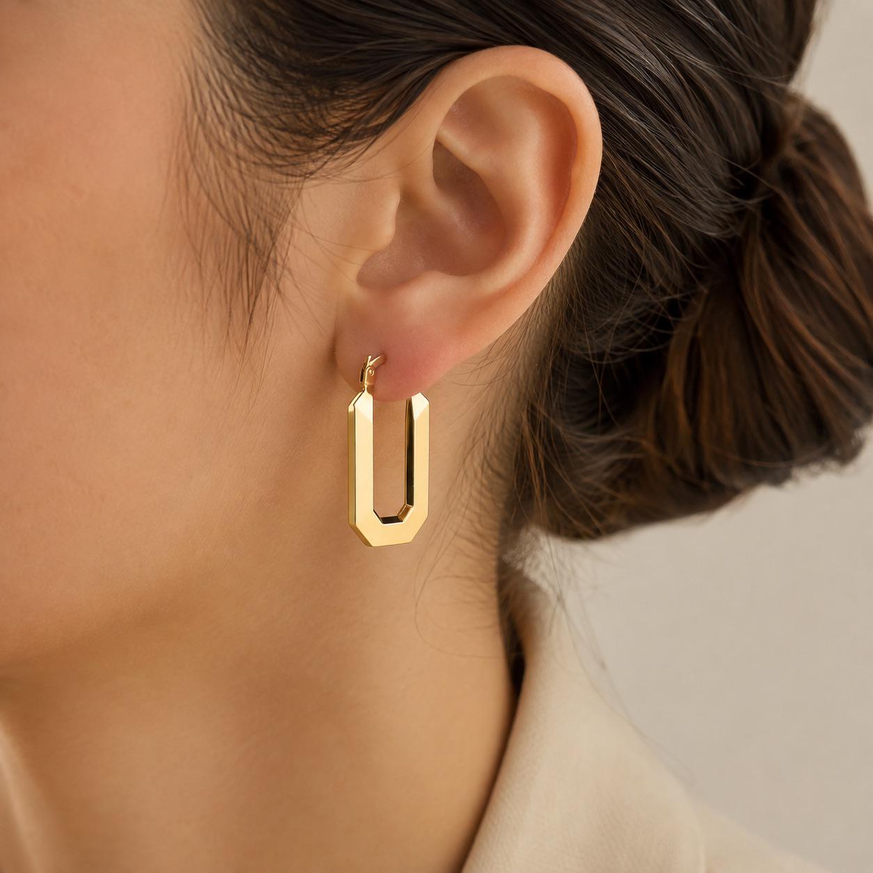 14K Gold Geometric Hoop Earrings, Rectangle Huggie Earrings, Minimalist Gold Earrings, Modern Statement Earrings, Everyday Jewelry