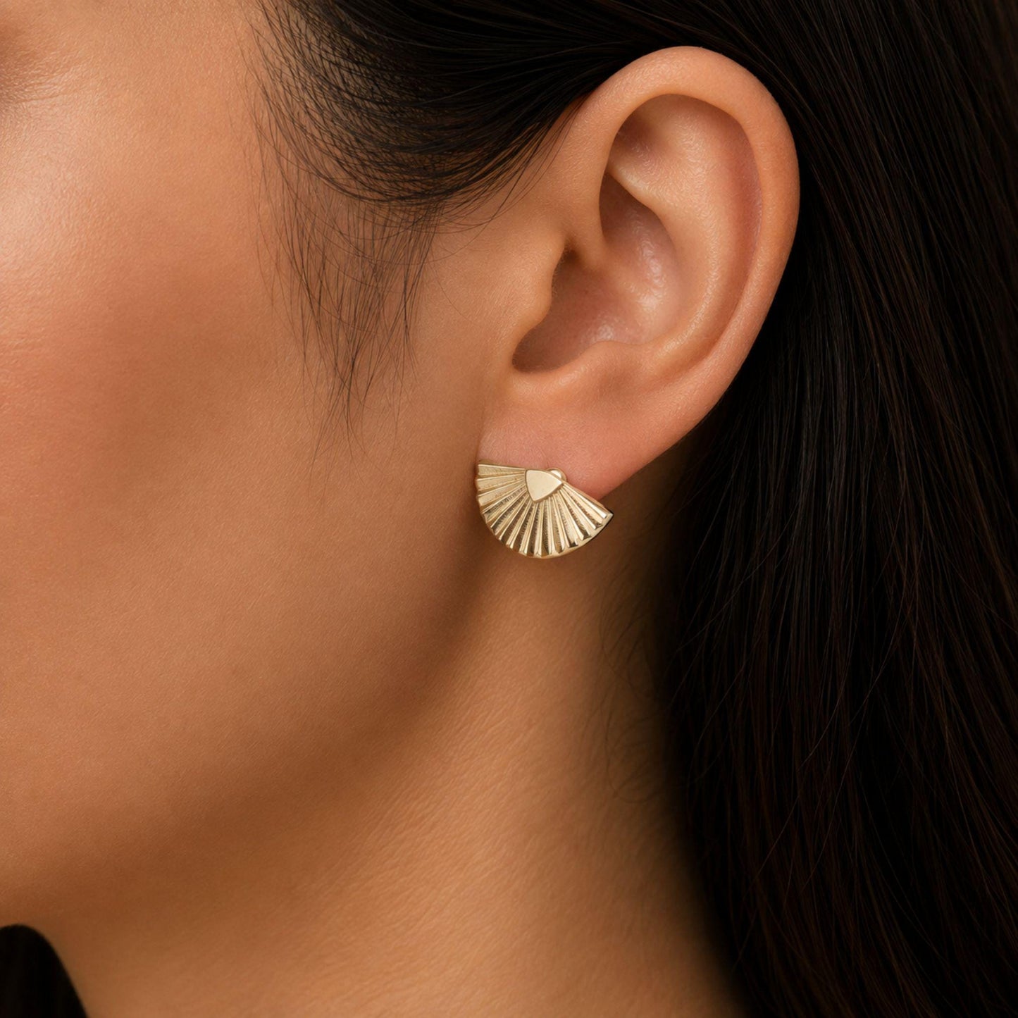 14K Gold Fan Stud Earrings, Shell Stud Earrings, Sunburst Gold Earrings, Art Deco Earrings, Minimalist Statement Earrings, Gift for Her