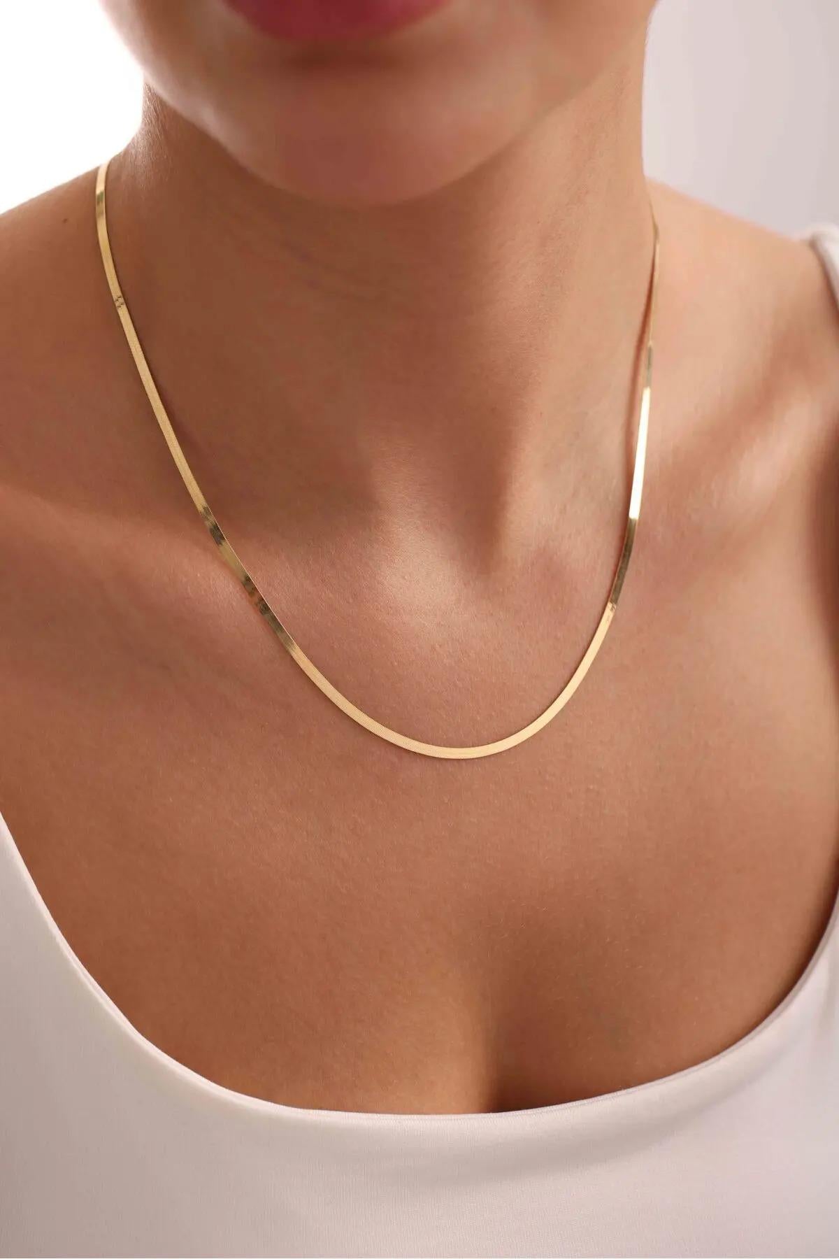 14K Gold 3.5mm Herringbone Necklace, Gold Herringbone Chain, Dainty Flat Snake Chain, Minimalist Everyday Necklace